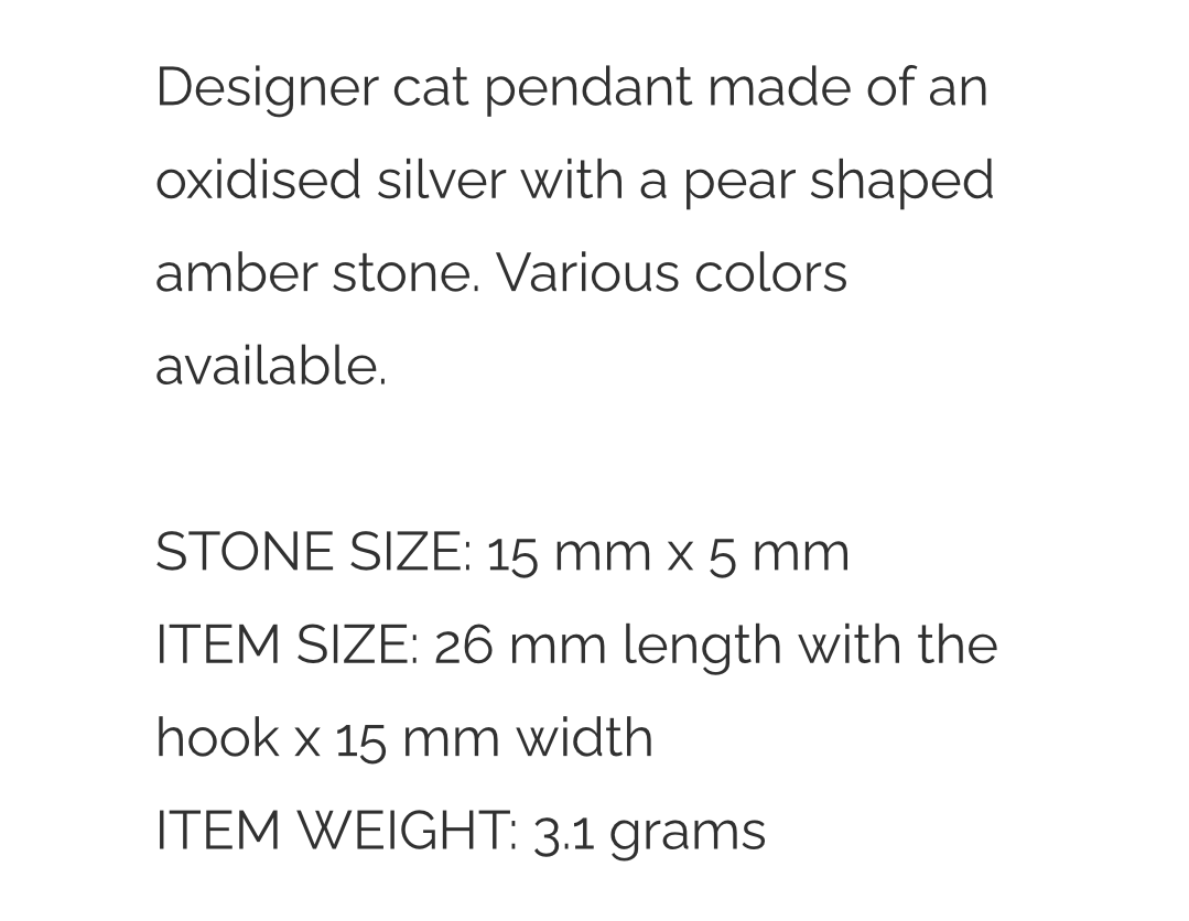 Designer Amber Silver Cat Pendant. FREE DELIVERY