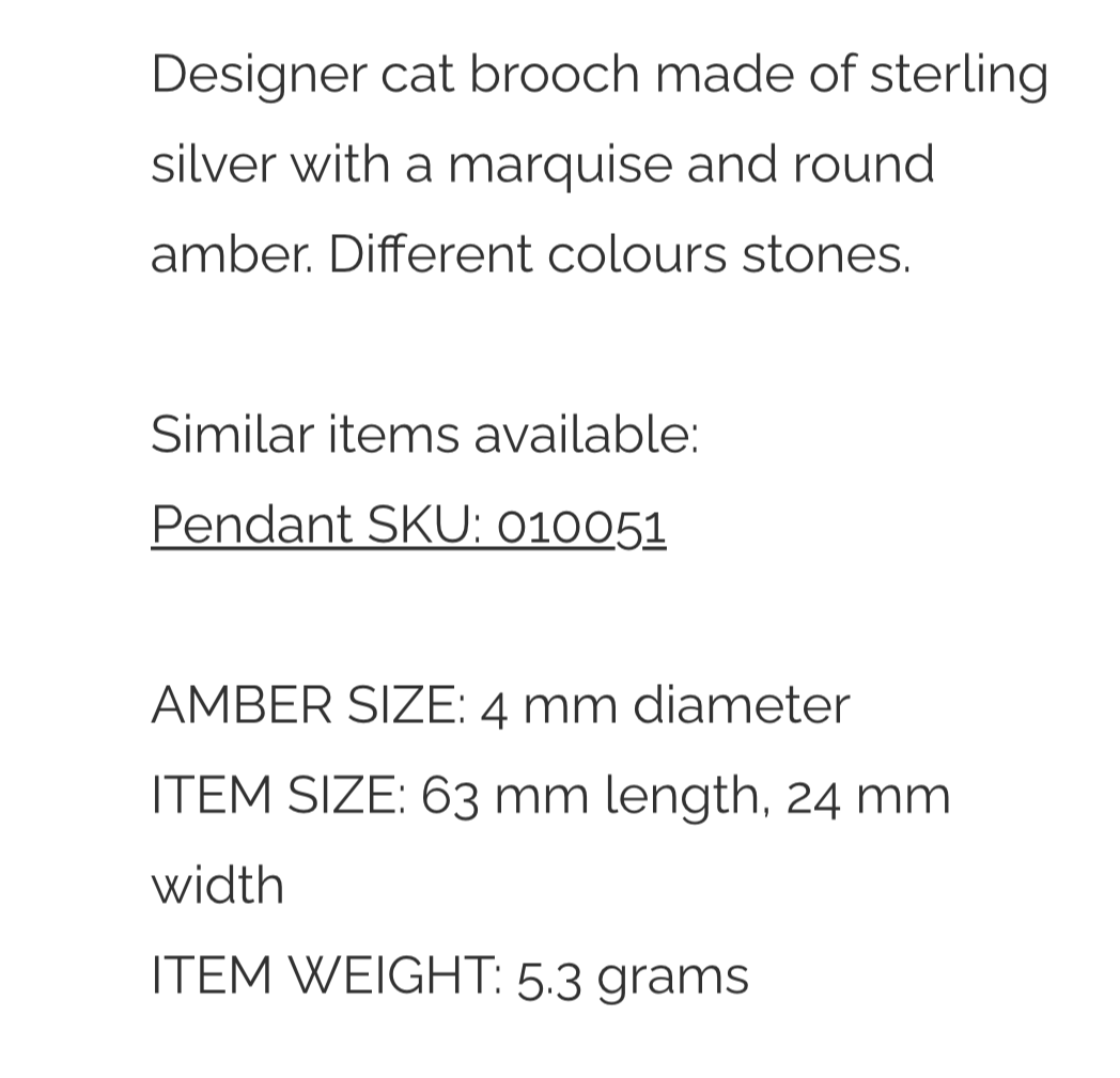 Silver Cat Brooch Multi Colour Amber. FREE DELIVERY