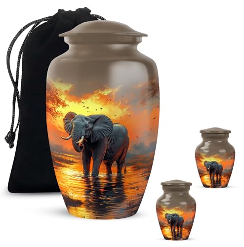 YATHABHISA Mini Urns Human Ashes with Elephant, Keepsake Small Urn for Cremation Ash Container, Memorial Gift for Everyone, Combo, Orange, 3 Inch (Set of 2)