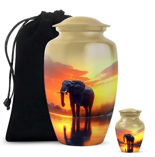 YATHABHISA Mini Urns Human Ashes with Elephant, Keepsake Small Urn for Cremation Ash Container, Memorial Gift for Everyone, Combo, Orange, 3 Inch (Set of 2)