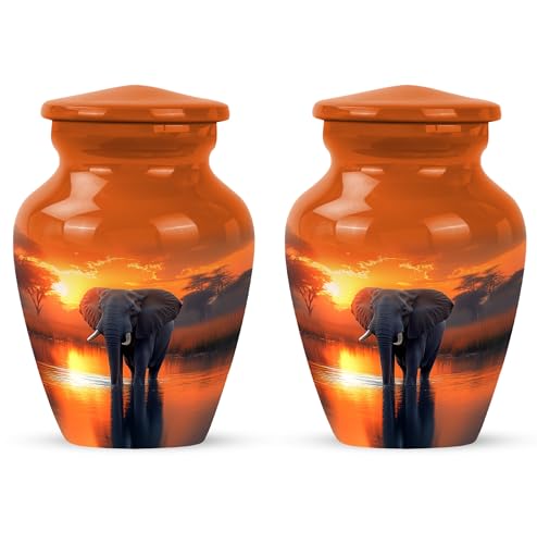 YATHABHISA Mini Urns Human Ashes with Elephant, Keepsake Small Urn for Cremation Ash Container, Memorial Gift for Everyone, Combo, Orange, 3 Inch (Set of 2)