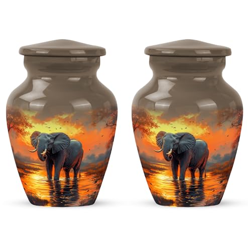 YATHABHISA Mini Urns Human Ashes with Elephant, Keepsake Small Urn for Cremation Ash Container, Memorial Gift for Everyone, Combo, Orange, 3 Inch (Set of 2)