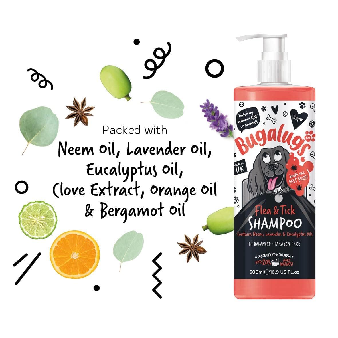 Flea and Tick Dog Shampoo by Bugalugs, Works on Smelly Puppies & Dogs, Contains Neem Oil PH Balanced Vegan Used by Professional Groom (Shampoo 500ml)