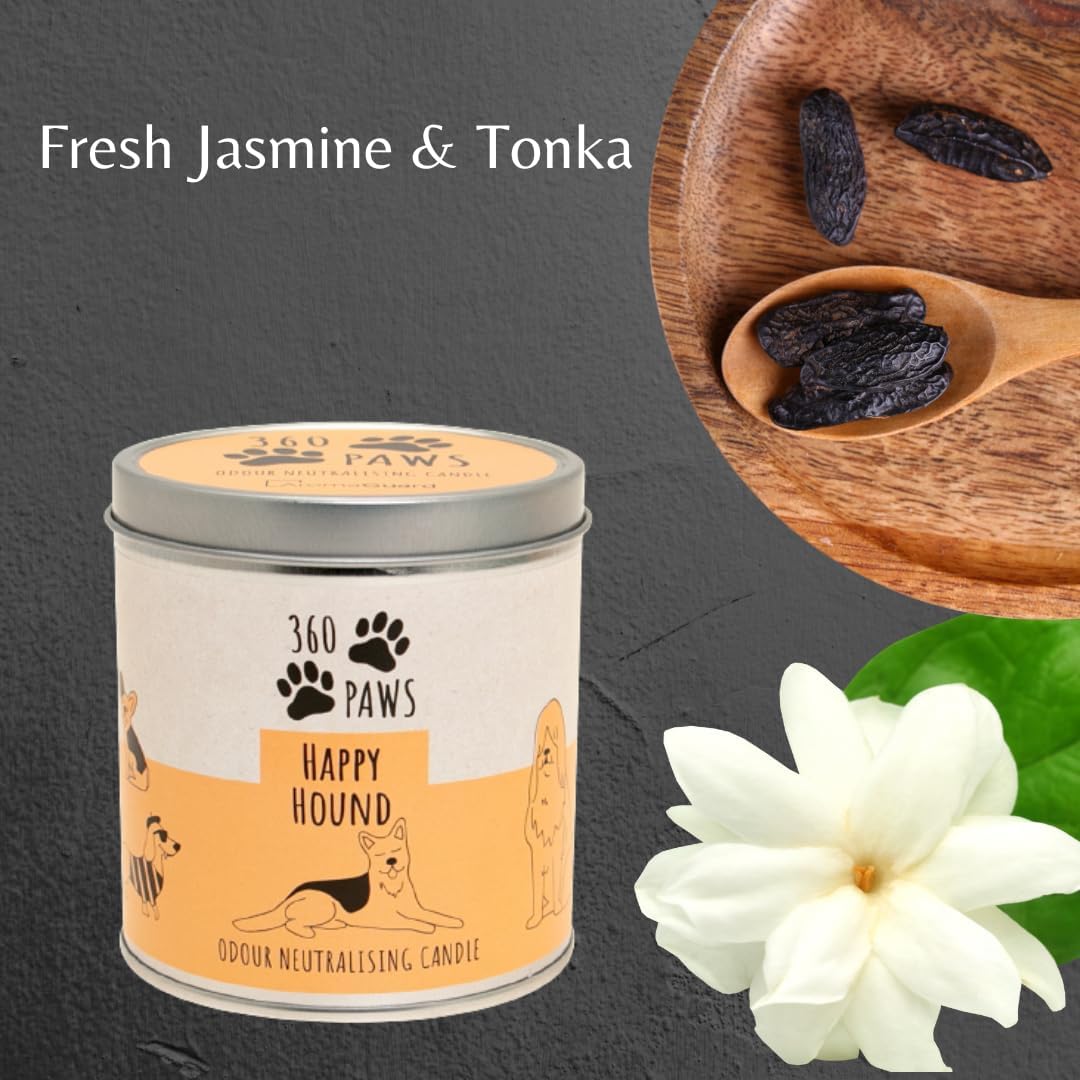 360 Paws Odour Neutralising Frangranced Pet Candle Fresh Jasmine & Tonka - Happy Hound Scented Candle