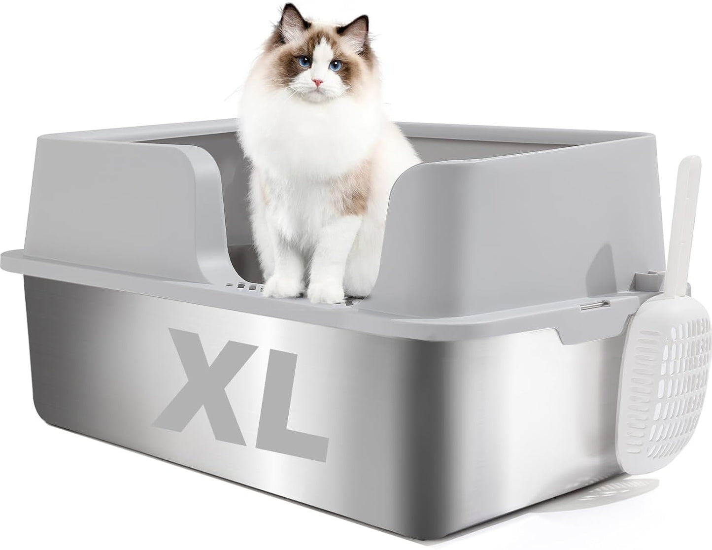 FURRYPAWS XL Stainless Steel Cat Litter Tray, Easy to Clean and Leak-Proof Stainless Steel Litter Box, 20L Large Cat Litter Trays with Litter Scoop (61x41x30cm)