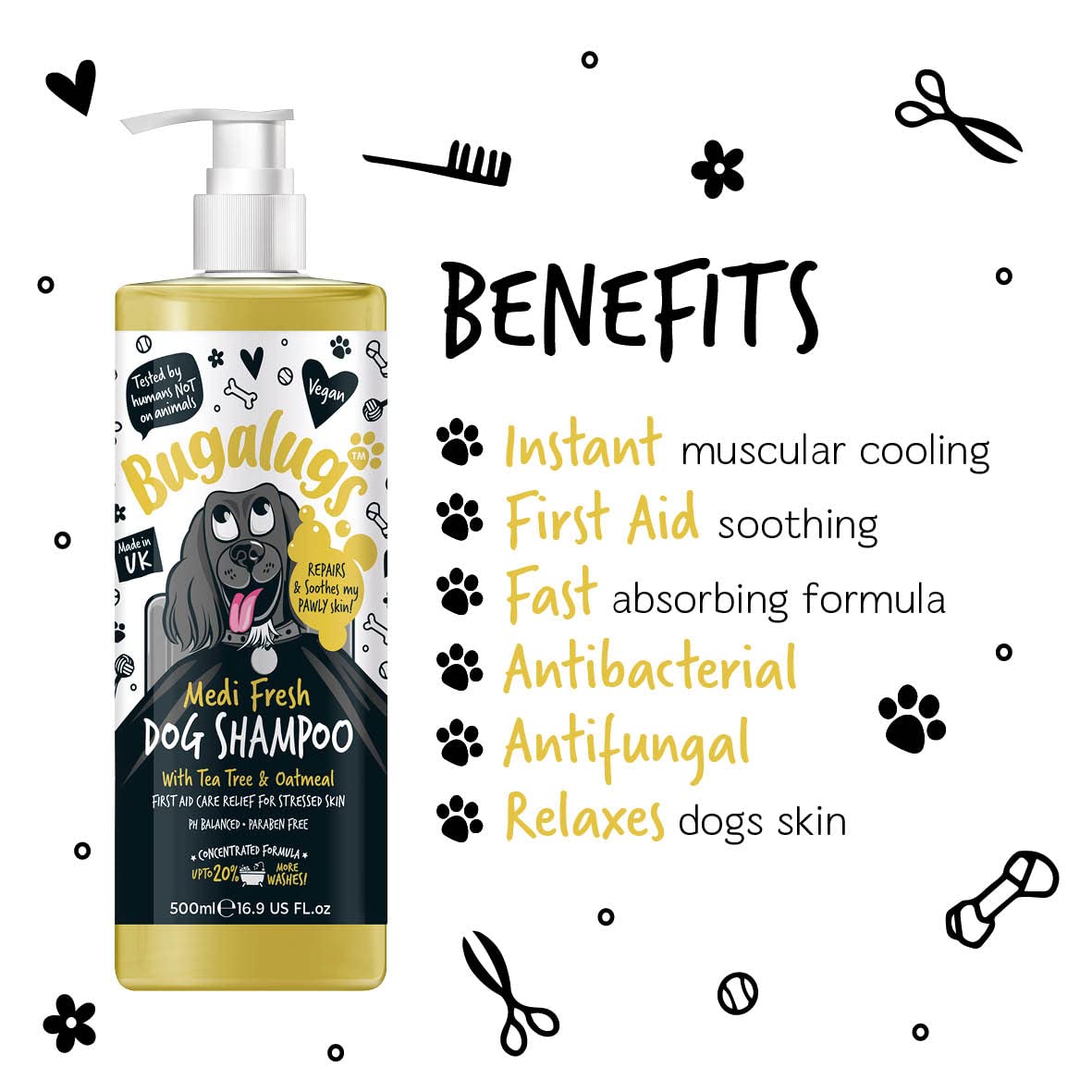 BUGALUGS Dog Shampoo for Itchy Skin, Medi Fresh Natural Safe Sensitive Formula - Soothing Skin Cooling For Skin Irritation and anti itch