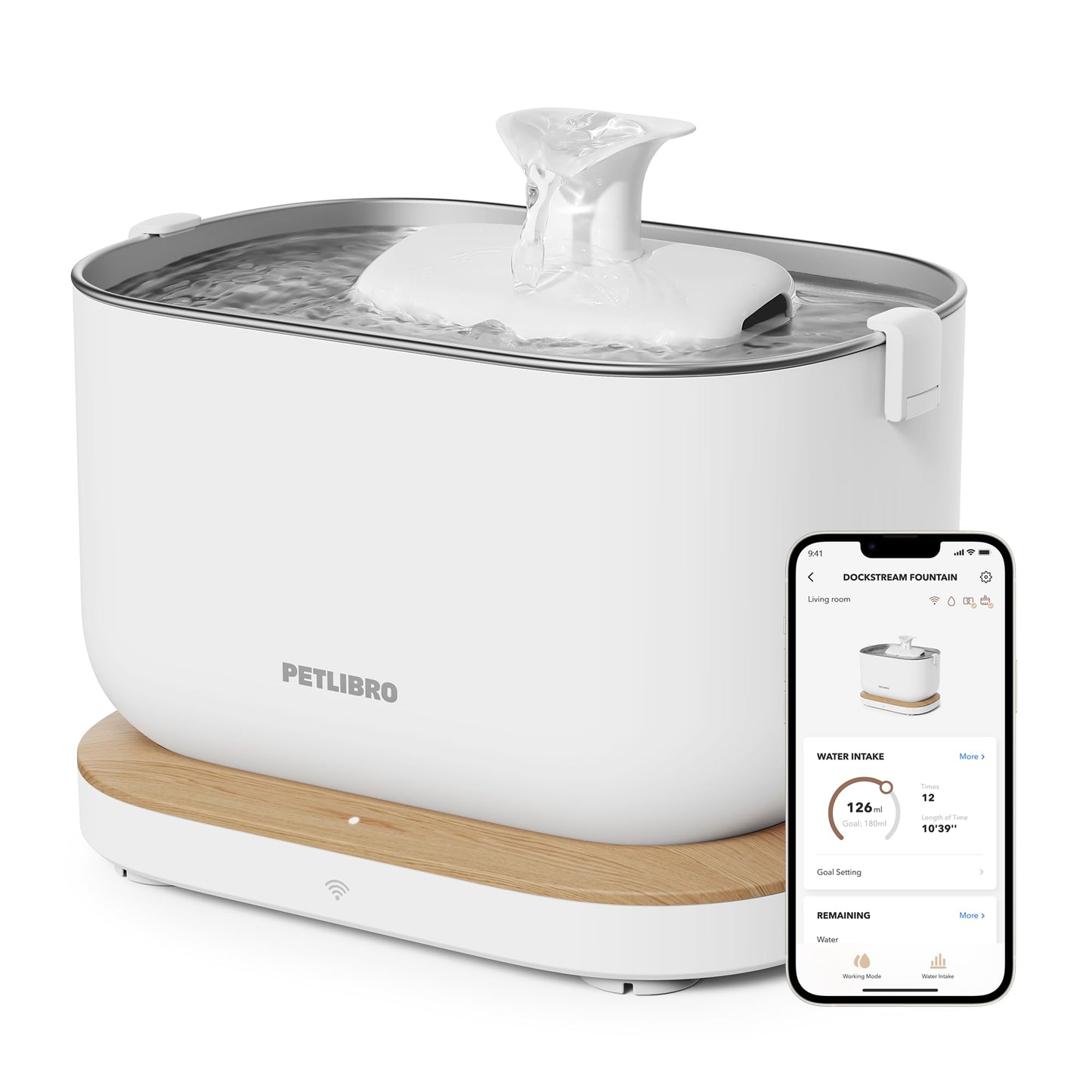 PETLIBRO Dockstream Cat Fountain, Smart Water Intake Tracker, 2.4 GHz WiFi App Control, Pet Drink Dispenser with Stainless Steel Tray, Plug-in Power Supply Required (White, 2.5L)