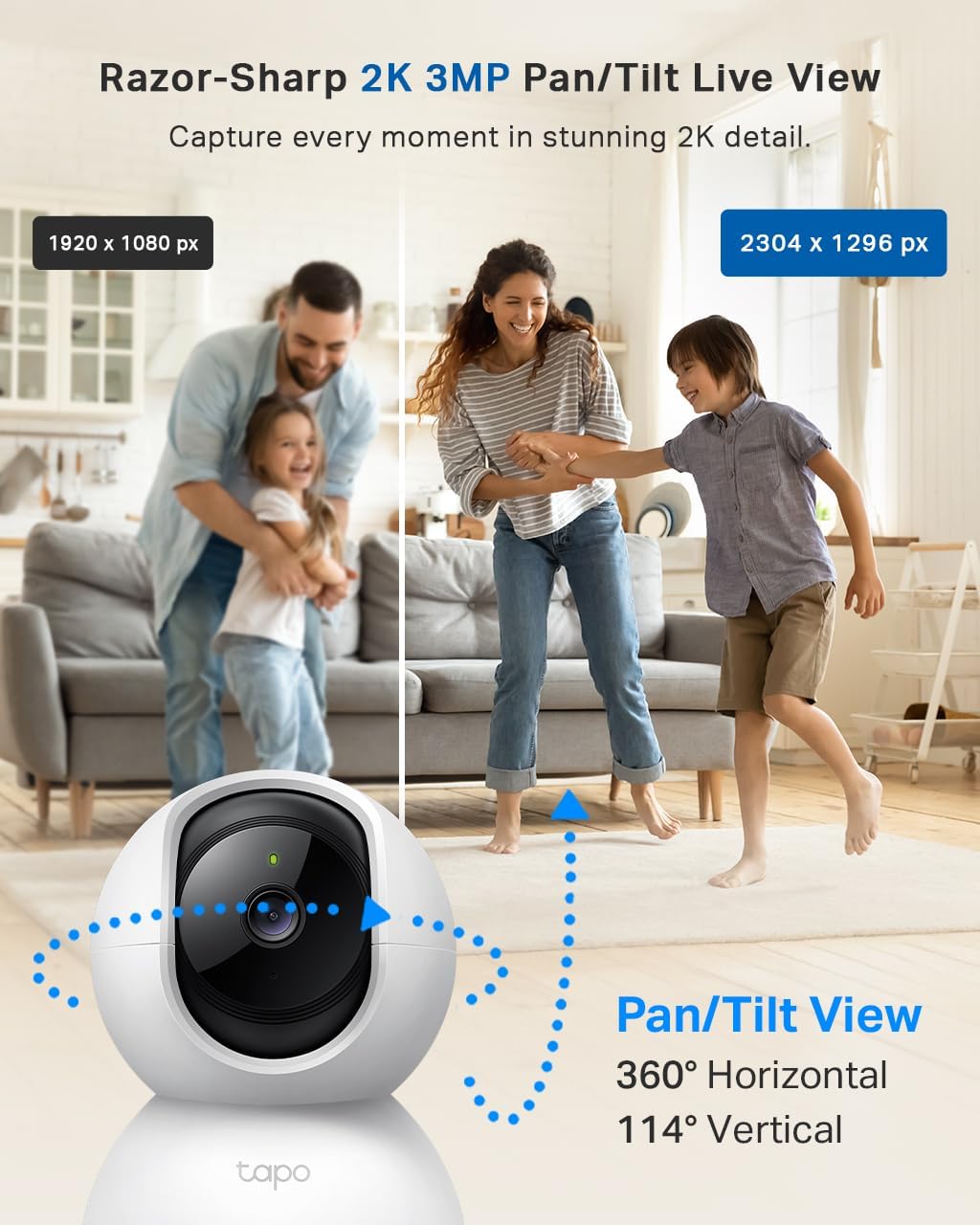 Tapo C210 2K 3MP Pan/Tilt Indoor Camera House Security Camera, WiFi Camera, No Monthly Fee, AI Detection, Dog Puppy Camera, Baby Camera Monitor, 360° View, Night Vision, Works with Alexa & Google
