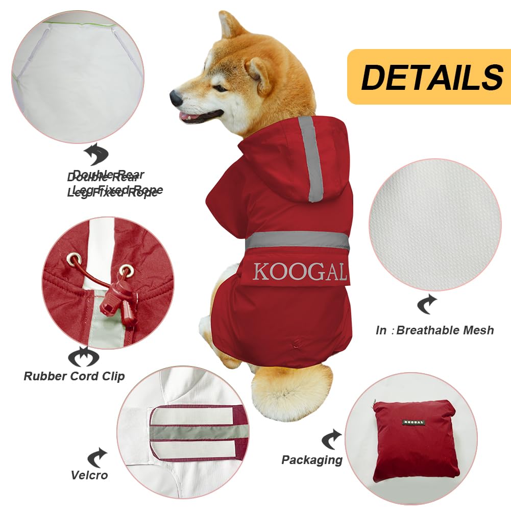 KOOGAL Waterproof Dog Raincoat with Hood Reflective Design with Leash Hole, Adjustable Reflective Jacket,Rain Poncho, Breathable and Lightweight, Suitable for Rainy Day Walking
