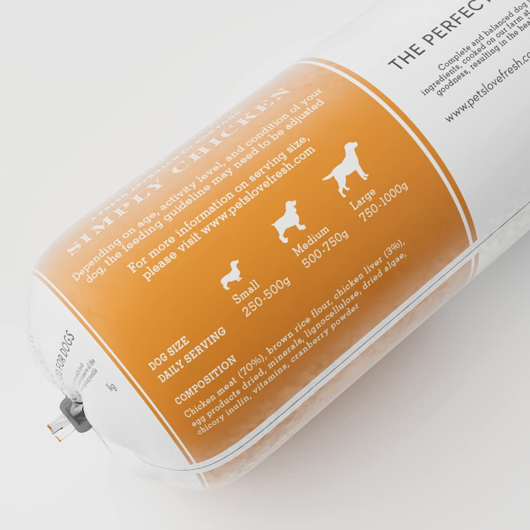 Healthy & Tasty Fresh Dog Food by Pets Love Fresh - 100% Natural - Real British Meat - Zero Preservatives - SimHealthy & Tasty Fresh Dog Food by Pets Love Fresh - 100% Natural - Real British Meat - Zero Preservatives - Simply Chicken (5 x 600g chub rolls)