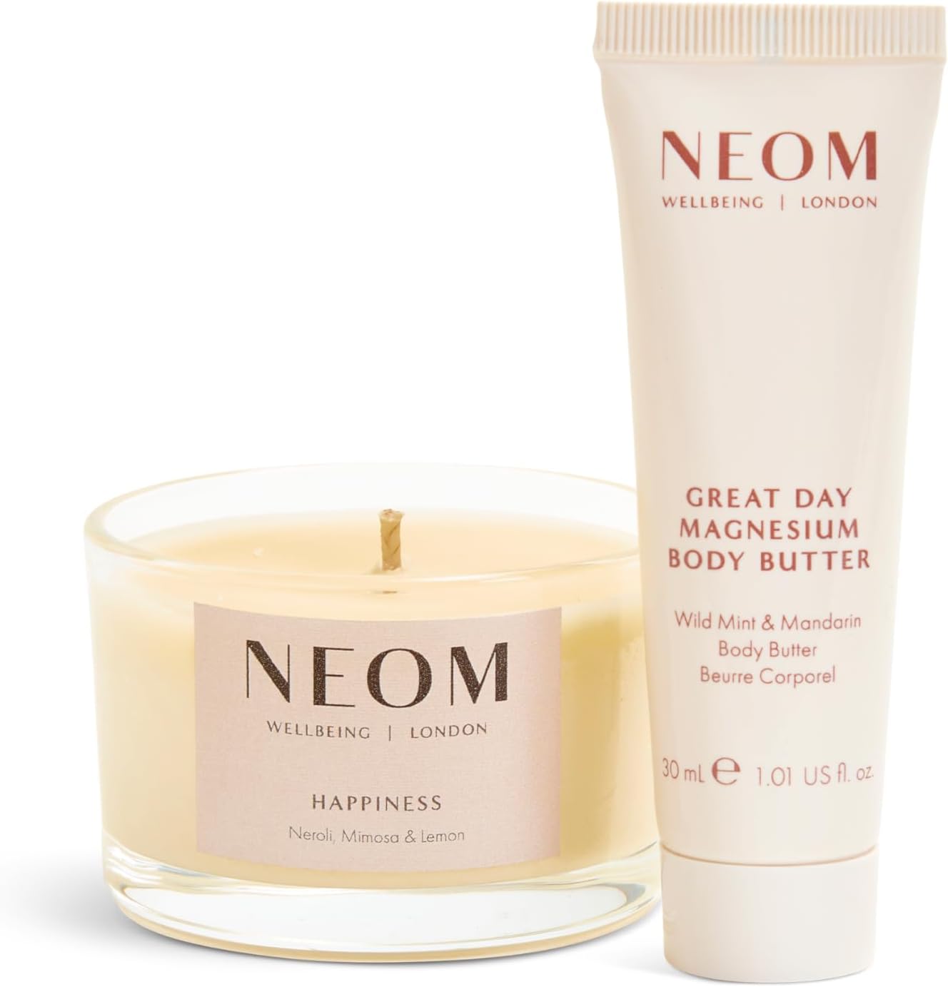 NEOM- Feel Good Mood Boost Duo Gift Set | Happiness Scented Candle & Great Day Magnesium Body Butter