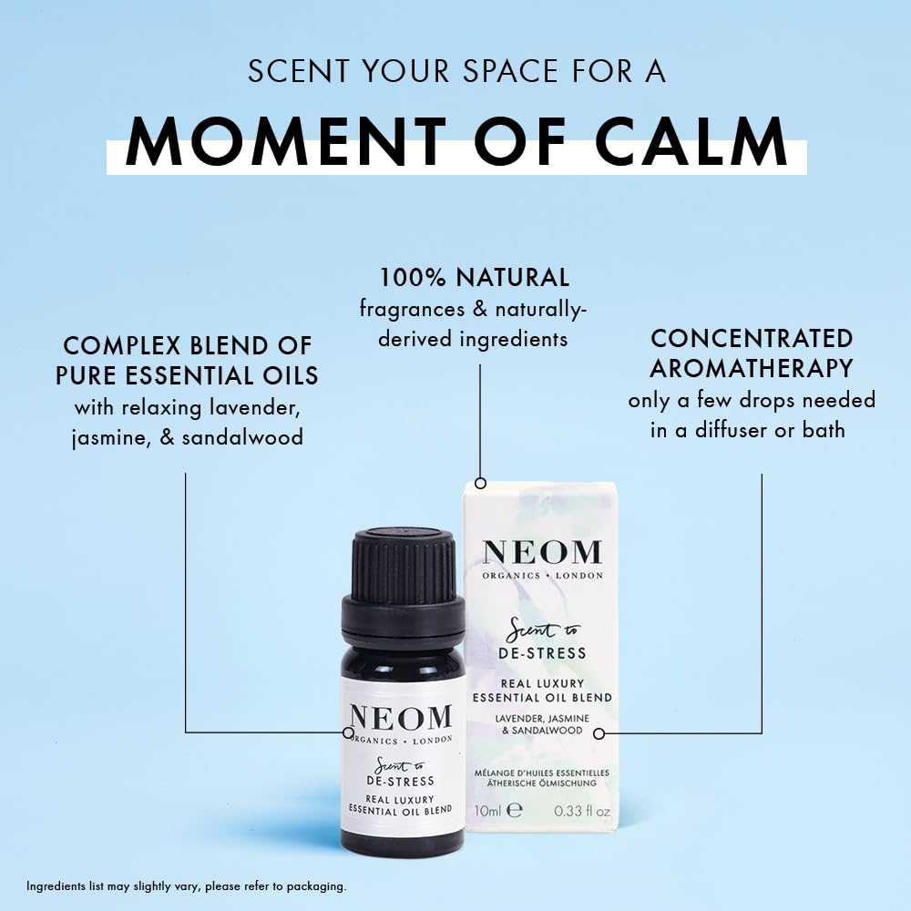 NEOM - Real Luxury Essential Oil Blend, 10ml | Lavender, Jasmine & Sandalwood | Scent to De-Stress Range