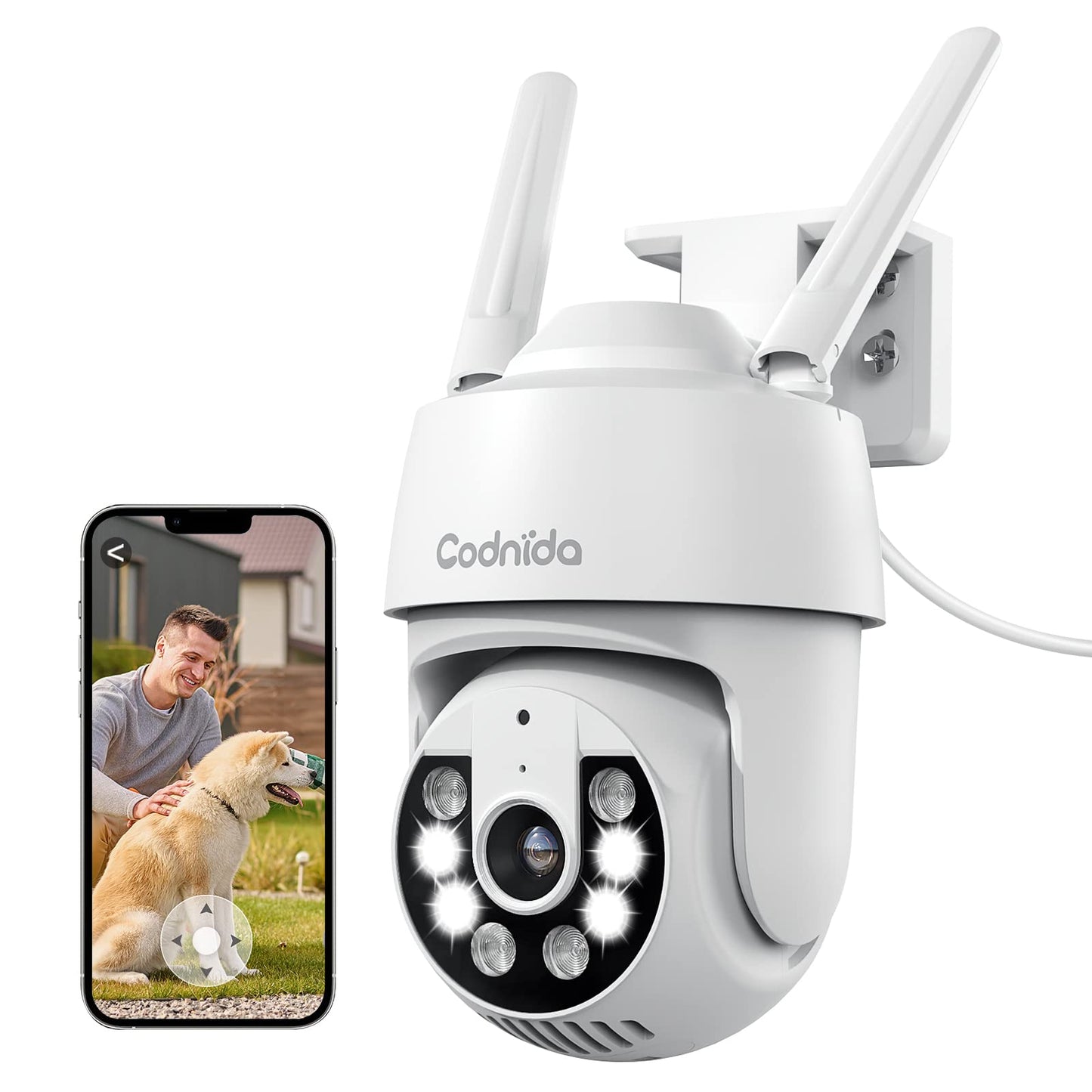Codnida 2K Security Camera Outdoor, 360° PTZ WiFi Camera, CCTV Camera with 24/7 Recording, PIR Human Detection, Sound and Light Alarm, Support 16-128G SD Card, Works with Alexa
