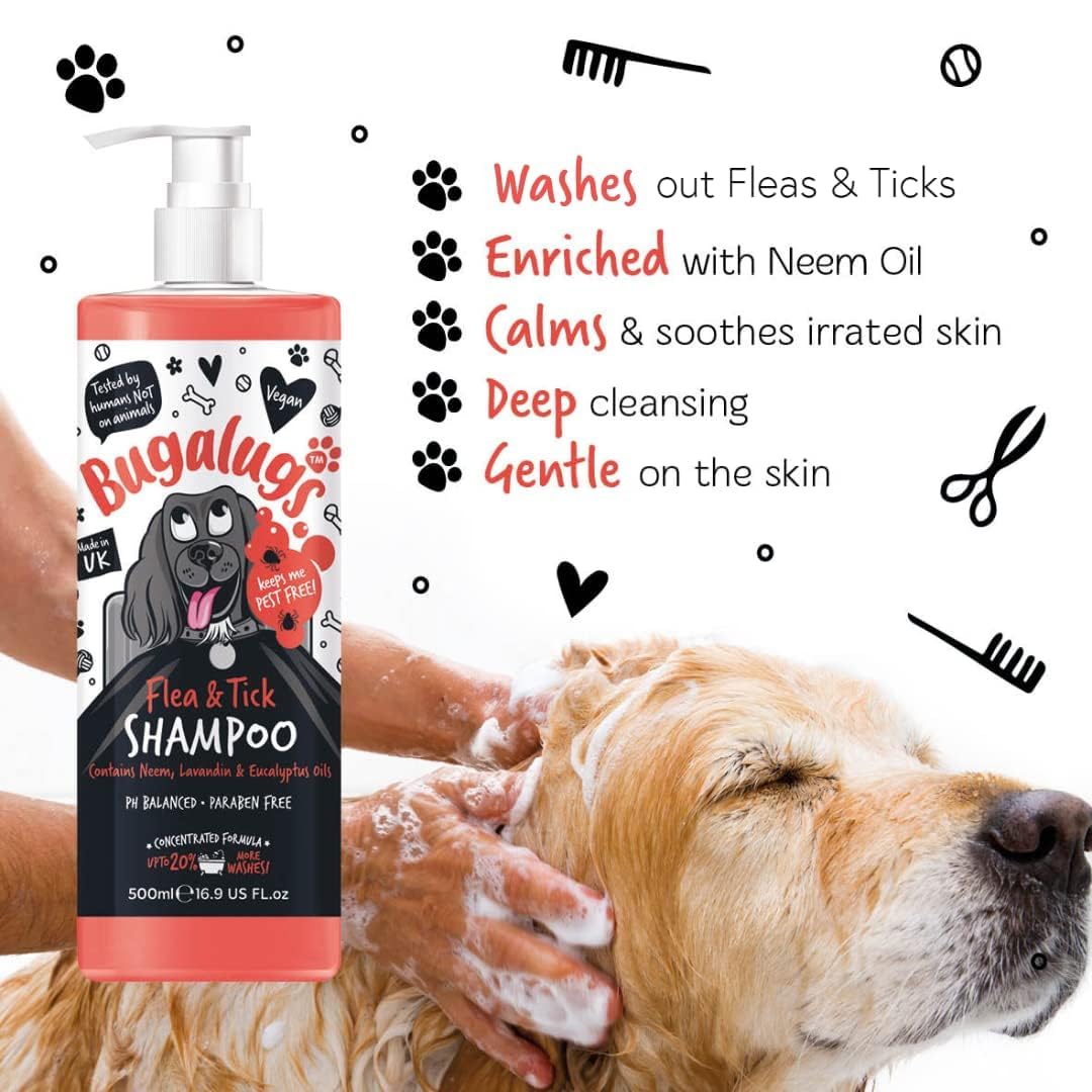Flea and Tick Dog Shampoo by Bugalugs, Works on Smelly Puppies & Dogs, Contains Neem Oil PH Balanced Vegan Used by Professional Groom (Shampoo 500ml)