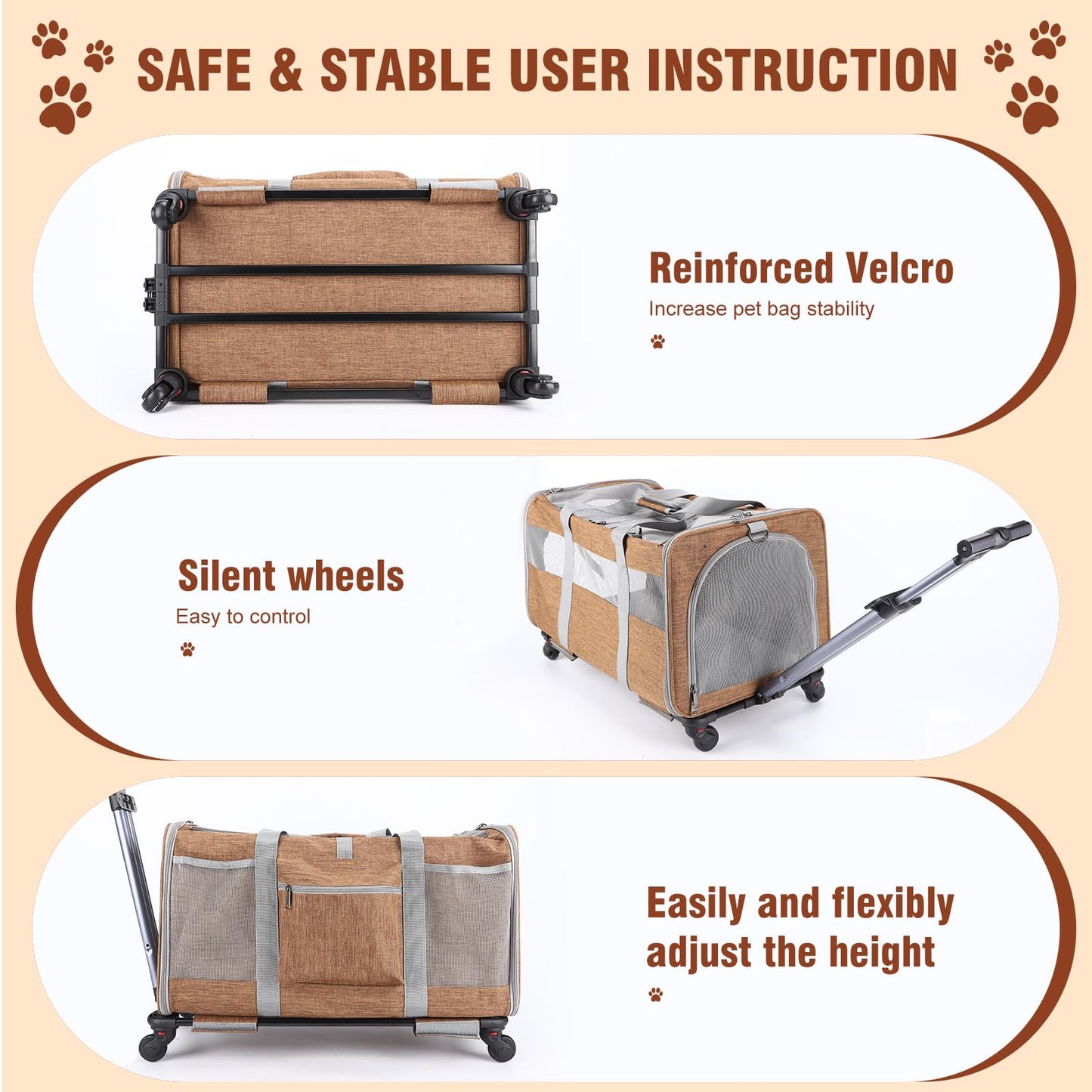 Double-Compartment Rolling Cat Carrier with Wheels for 2 Cats, Foldable Pet Carrier with Wheels for 2 Small Cats and Dogs, Fully Breathable, Perfect for Traveling/Hiking/Camping/Veterinary Visits