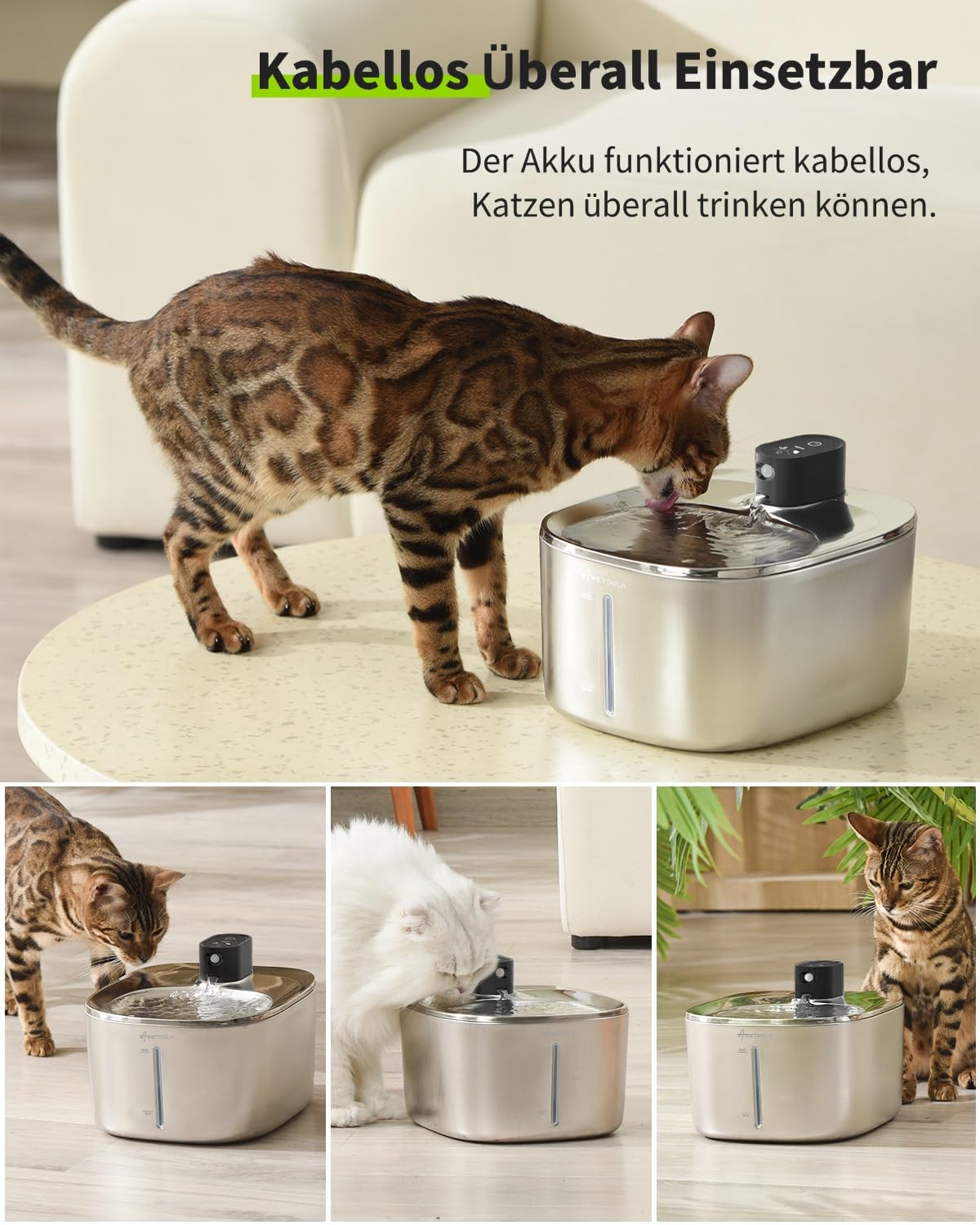 APETDOLA Stainless Steel Cat Water Fountain, 135 fl oz/4L Wireless Cat Fountain for Drinking, Automatic Water Fountain Cats Bowl for Pets and Dogs (white, 1 filter)