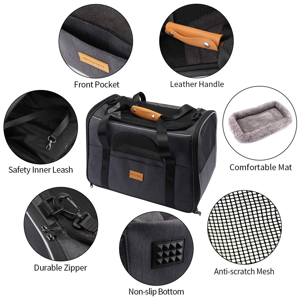 Morpilot Portable Pet Carrier Bag, Top Opening, Removable Mat and Breathable Mesh, Foldable Transport Carrier for Dogs and Cats, with Shoulder Strap and Pet Bowl