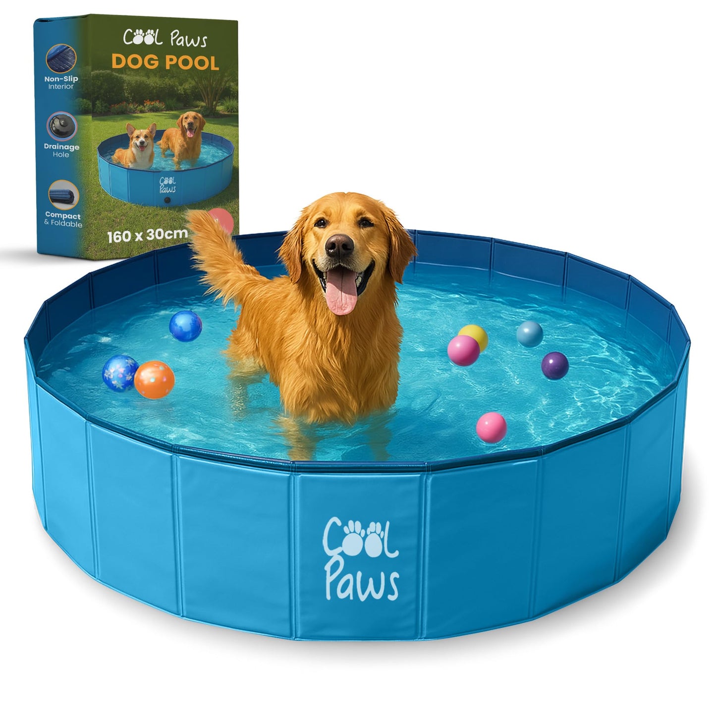 Cool Paws Paddling Pool – Foldable Dog & Kids Pool in Multiple Sizes (S–XL), Leakproof & Durable Hard Plastic Design, Pet Bath or Play Pool for Indoors, Outdoors, Garden, Patio – Blue