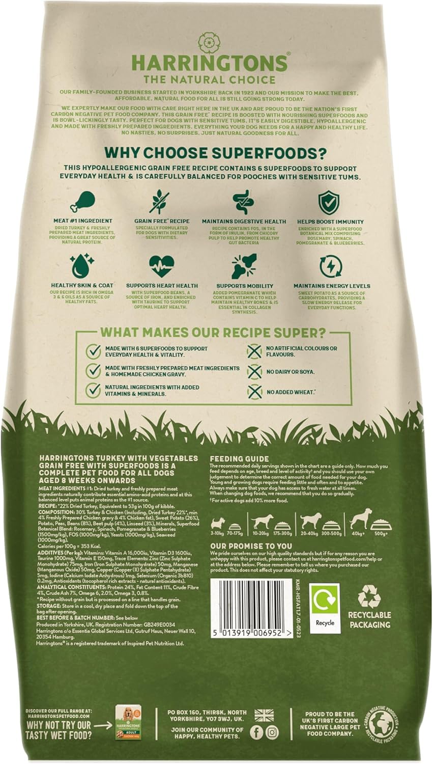 Harringtons Superfoods Complete Grain Free Hypoallergenic Dry Adult Dog Food - Made with All Natural Ingredients