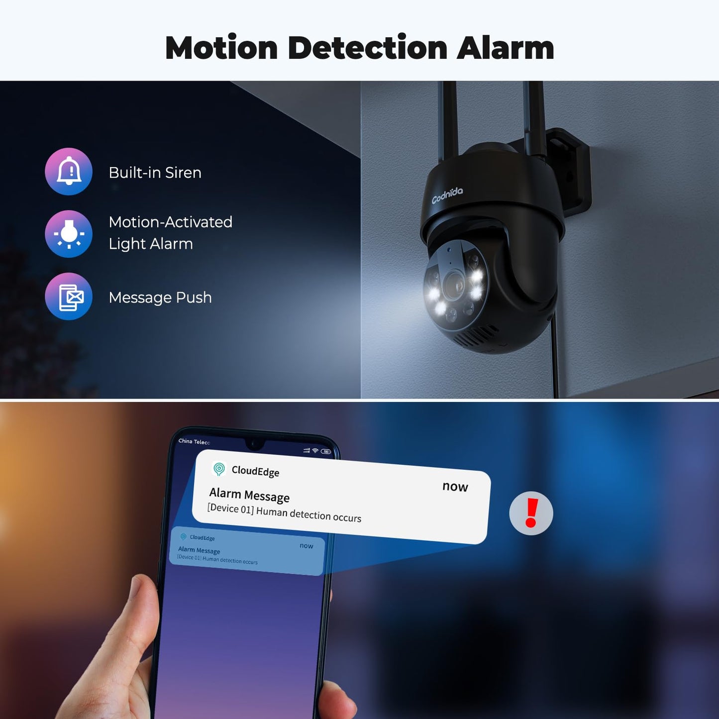 Codnida 2K Security Camera Outdoor, 360° PTZ WiFi Camera, CCTV Camera with 24/7 Recording, PIR Human Detection, Sound and Light Alarm, Support 16-128G SD Card, Works with Alexa