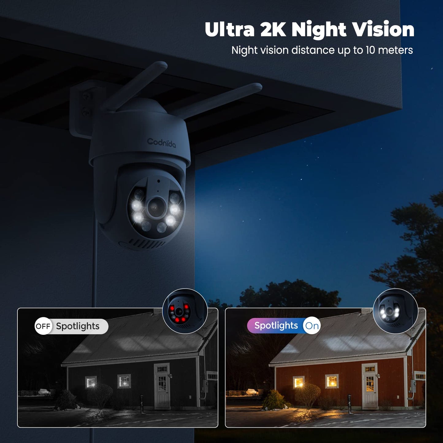 Codnida 2K Security Camera Outdoor, 360° PTZ WiFi Camera, CCTV Camera with 24/7 Recording, PIR Human Detection, Sound and Light Alarm, Support 16-128G SD Card, Works with Alexa
