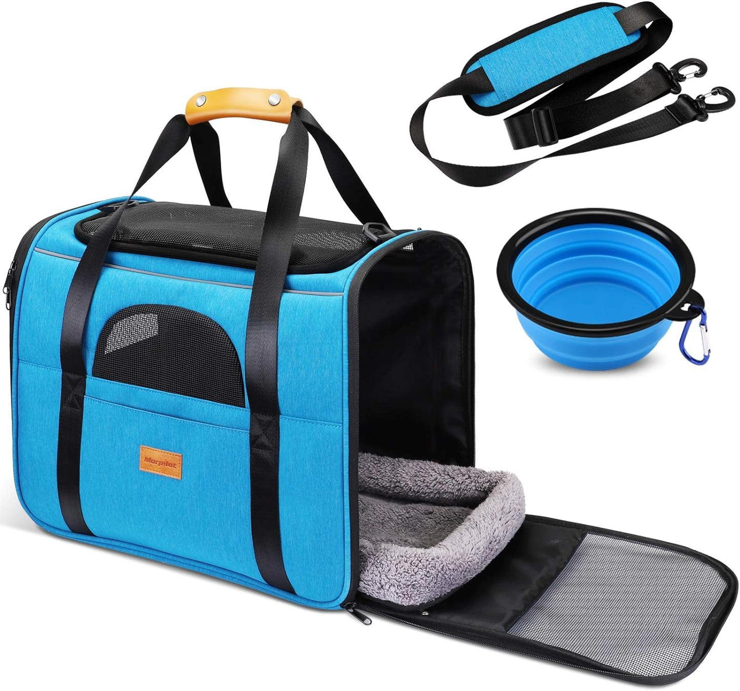 Morpilot Portable Pet Carrier Bag, Top Opening, Removable Mat and Breathable Mesh, Foldable Transport Carrier for Dogs and Cats, with Shoulder Strap and Pet Bowl