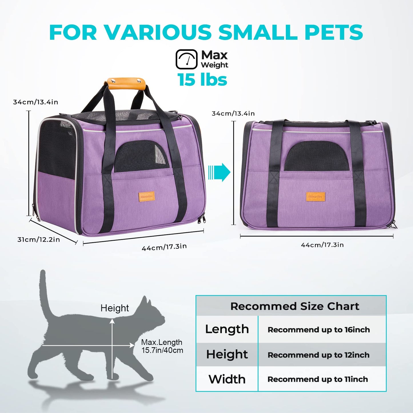 Morpilot Portable Pet Carrier Bag, Top Opening, Removable Mat and Breathable Mesh, Foldable Transport Carrier for Dogs and Cats, with Shoulder Strap and Pet Bowl