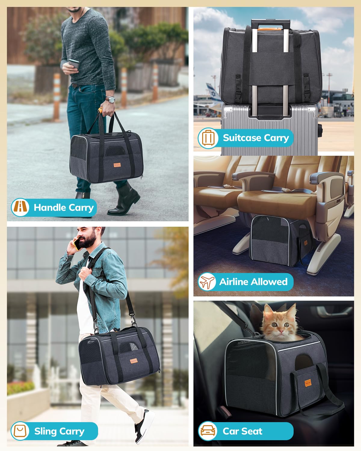 Morpilot Portable Pet Carrier Bag, Top Opening, Removable Mat and Breathable Mesh, Foldable Transport Carrier for Dogs and Cats, with Shoulder Strap and Pet Bowl