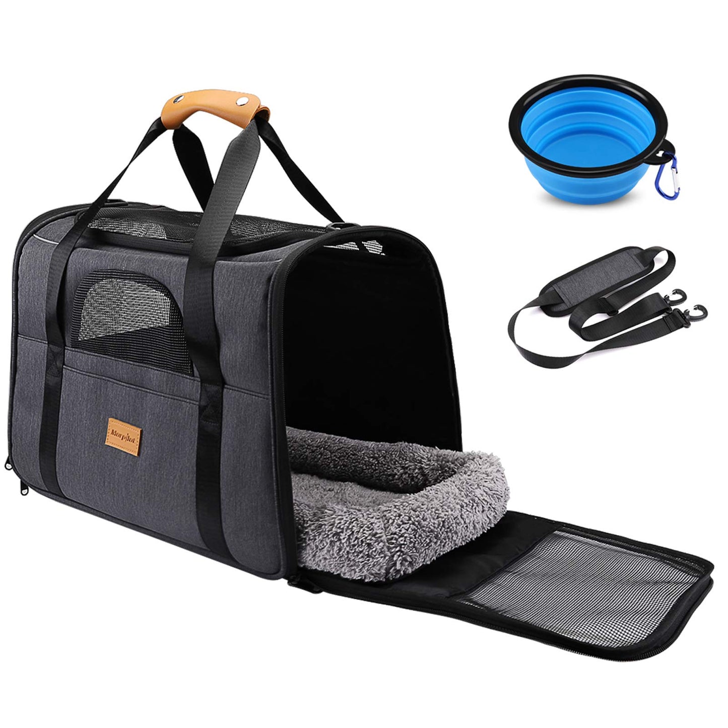 Morpilot Portable Pet Carrier Bag, Top Opening, Removable Mat and Breathable Mesh, Foldable Transport Carrier for Dogs and Cats, with Shoulder Strap and Pet Bowl