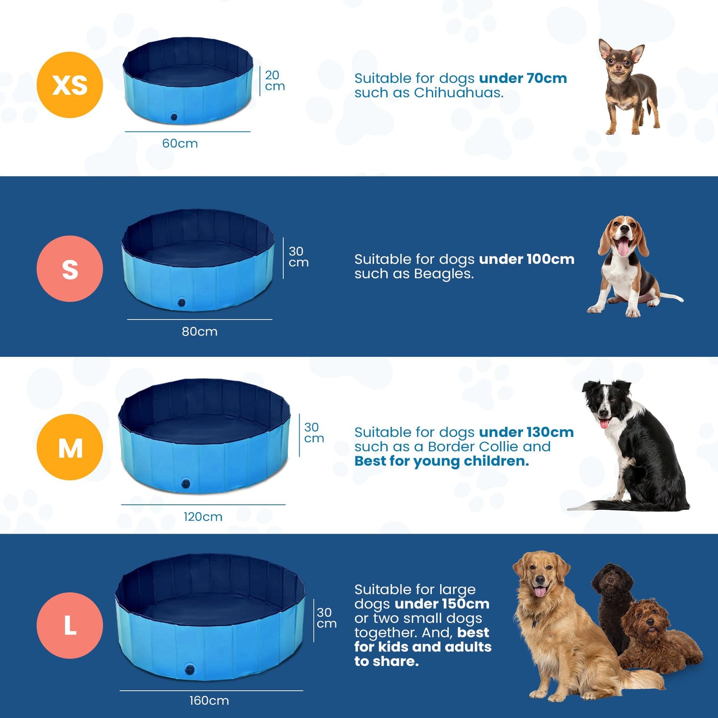 Cool Paws Paddling Pool – Foldable Dog & Kids Pool in Multiple Sizes (S–XL), Leakproof & Durable Hard Plastic Design, Pet Bath or Play Pool for Indoors, Outdoors, Garden, Patio – Blue