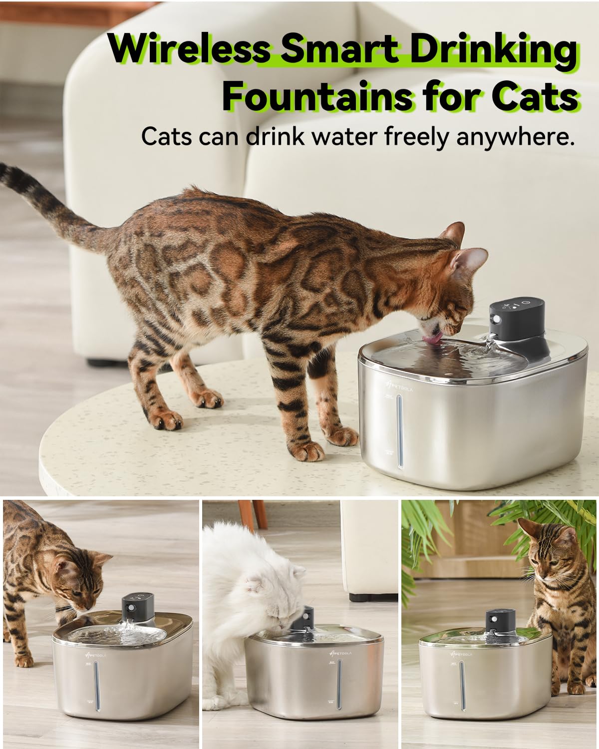 APETDOLA Stainless Steel Cat Water Fountain, 135 fl oz/4L Wireless Cat Fountain for Drinking, Automatic Water Fountain Cats Bowl for Pets and Dogs (white, 1 filter)