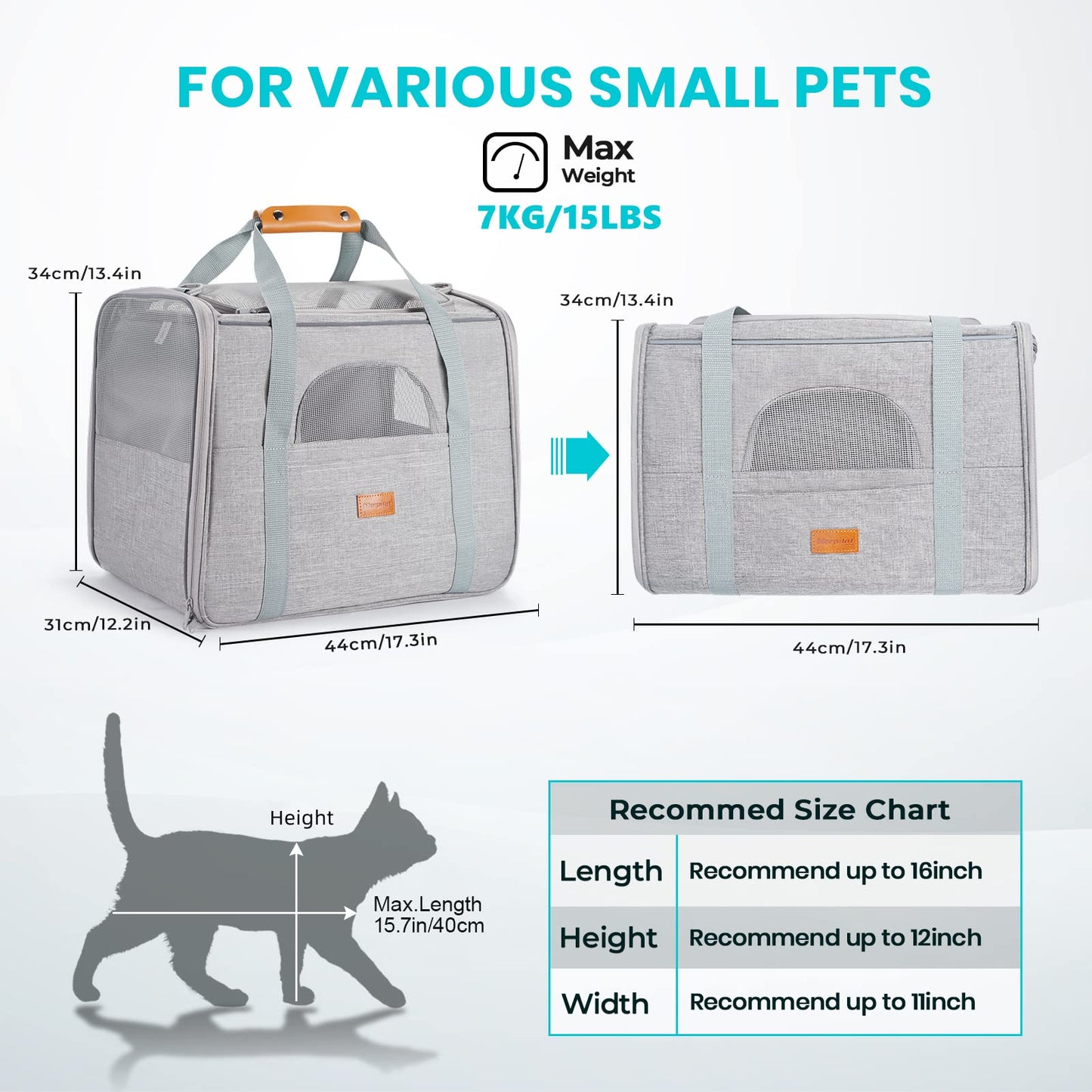 Morpilot Portable Pet Carrier Bag, Top Opening, Removable Mat and Breathable Mesh, Foldable Transport Carrier for Dogs and Cats, with Shoulder Strap and Pet Bowl