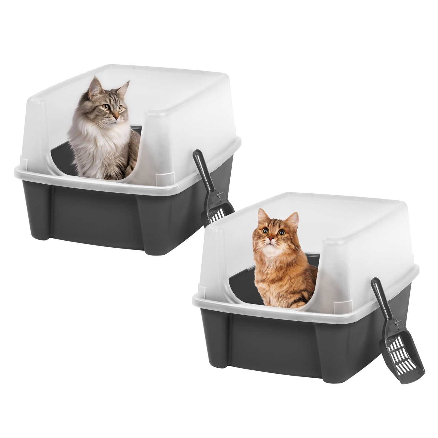 Iris Ohyama Cat Litter Tray with Scoop, Grey, Easy to Clean, Cat Litter Box, Detachable Spill Preventing Walls, For Kittens, Adult Cats, Rabbits, BPA Free, Open Top, Modern, CLH-12