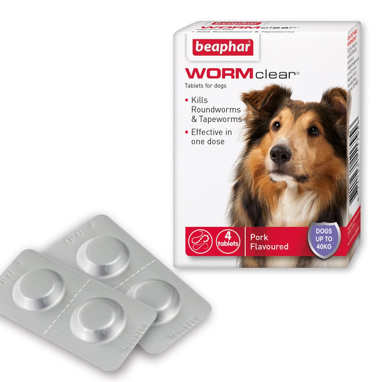 Beaphar | WORMclear® Tablets for Dogs up to 40kg | Kills All Common UK Intestinal Worms (Roundworms & Tapeworms) | Vet Strength Treatment | Pork-flavoured | 4 tablets