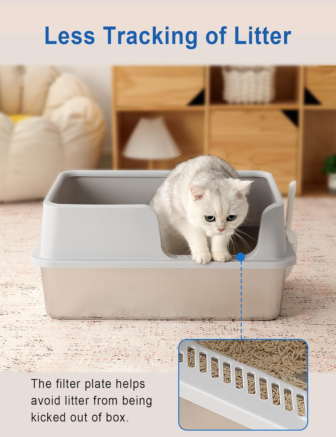 FURRYPAWS XL Stainless Steel Cat Litter Tray, Easy to Clean and Leak-Proof Stainless Steel Litter Box, 20L Large Cat Litter Trays with Litter Scoop (61x41x30cm)