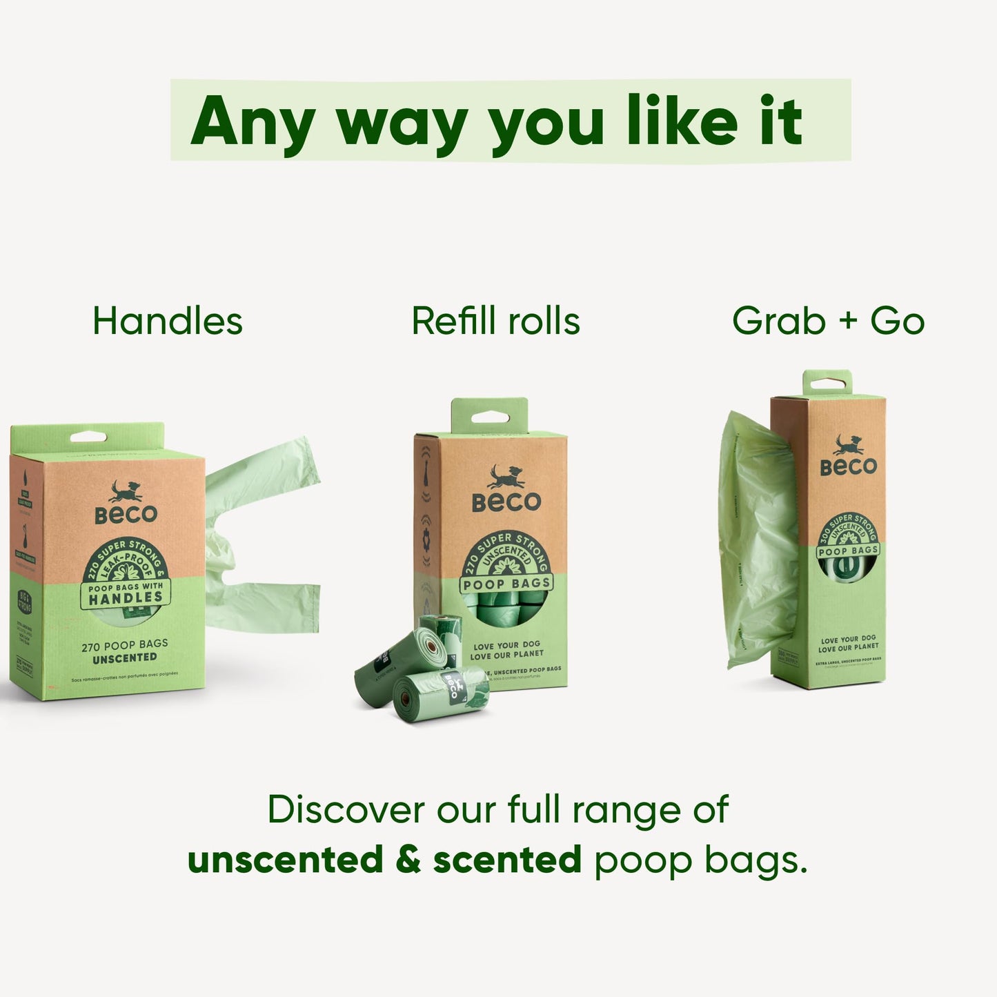 Beco Dog Poop Bags Rolls - Strong & Large - Scented and Unscented Dispenser Compatible for Dog Waste