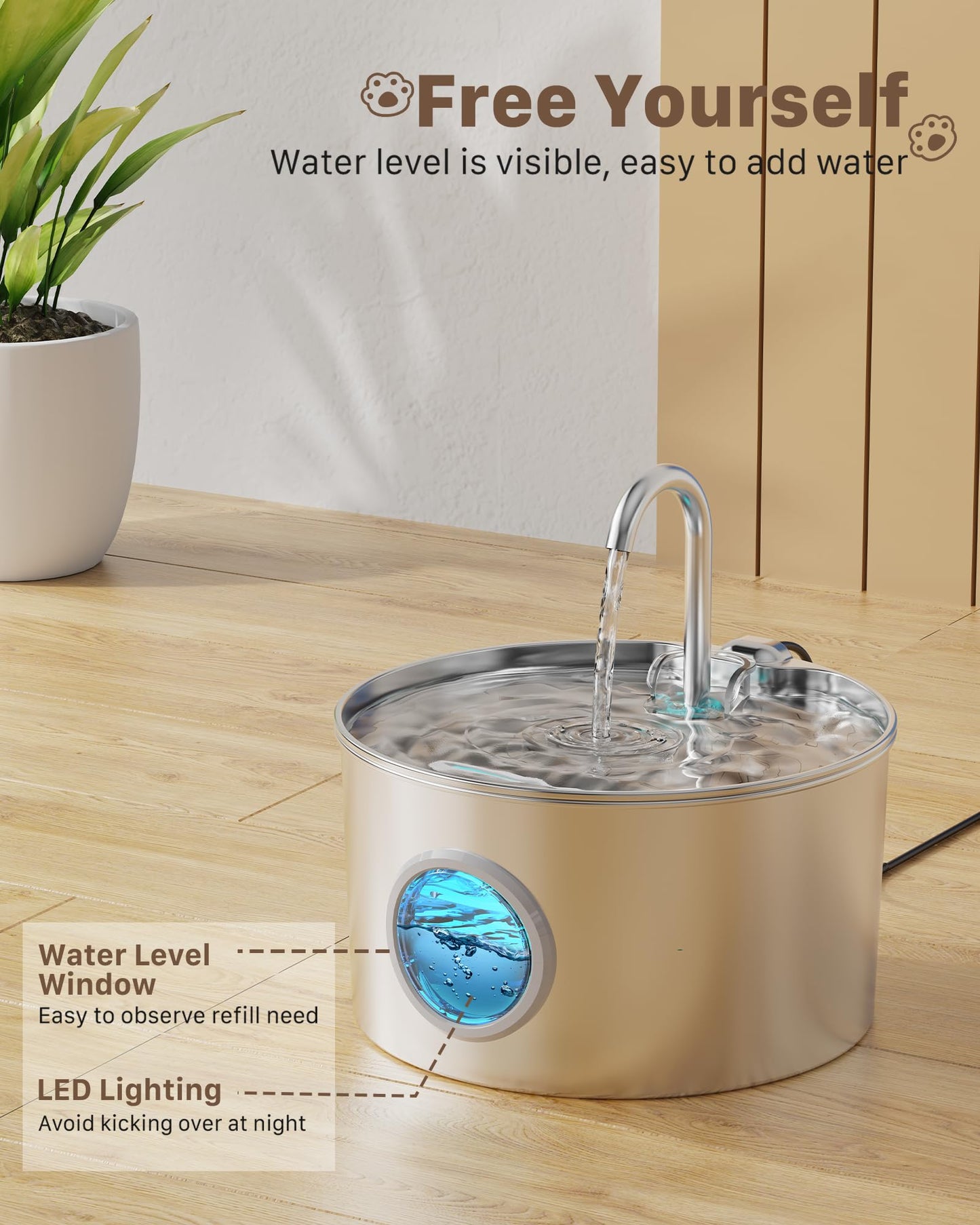 Cat Water Fountain for Drinking: Stainless Steel Cat Fountain - 2.2L Water Fountain Cat Bowl - Pet Water Fountain - Cat Drinking Fountain - Visible Water Level Cat Water Dispensers - GIOTOHUN