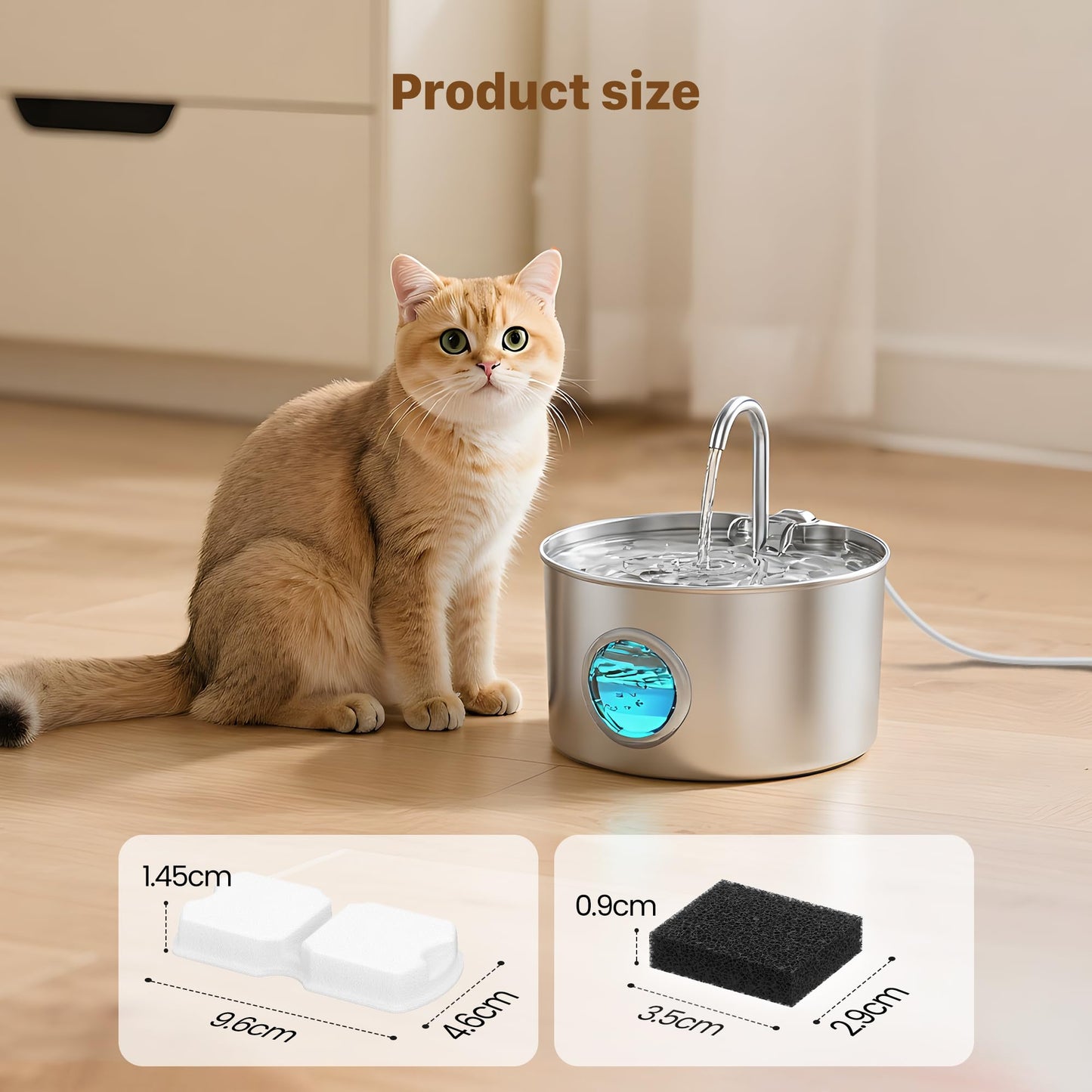Cat Water Fountain for Drinking: Stainless Steel Cat Fountain - 2.2L Water Fountain Cat Bowl - Pet Water Fountain - Cat Drinking Fountain - Visible Water Level Cat Water Dispensers - GIOTOHUN