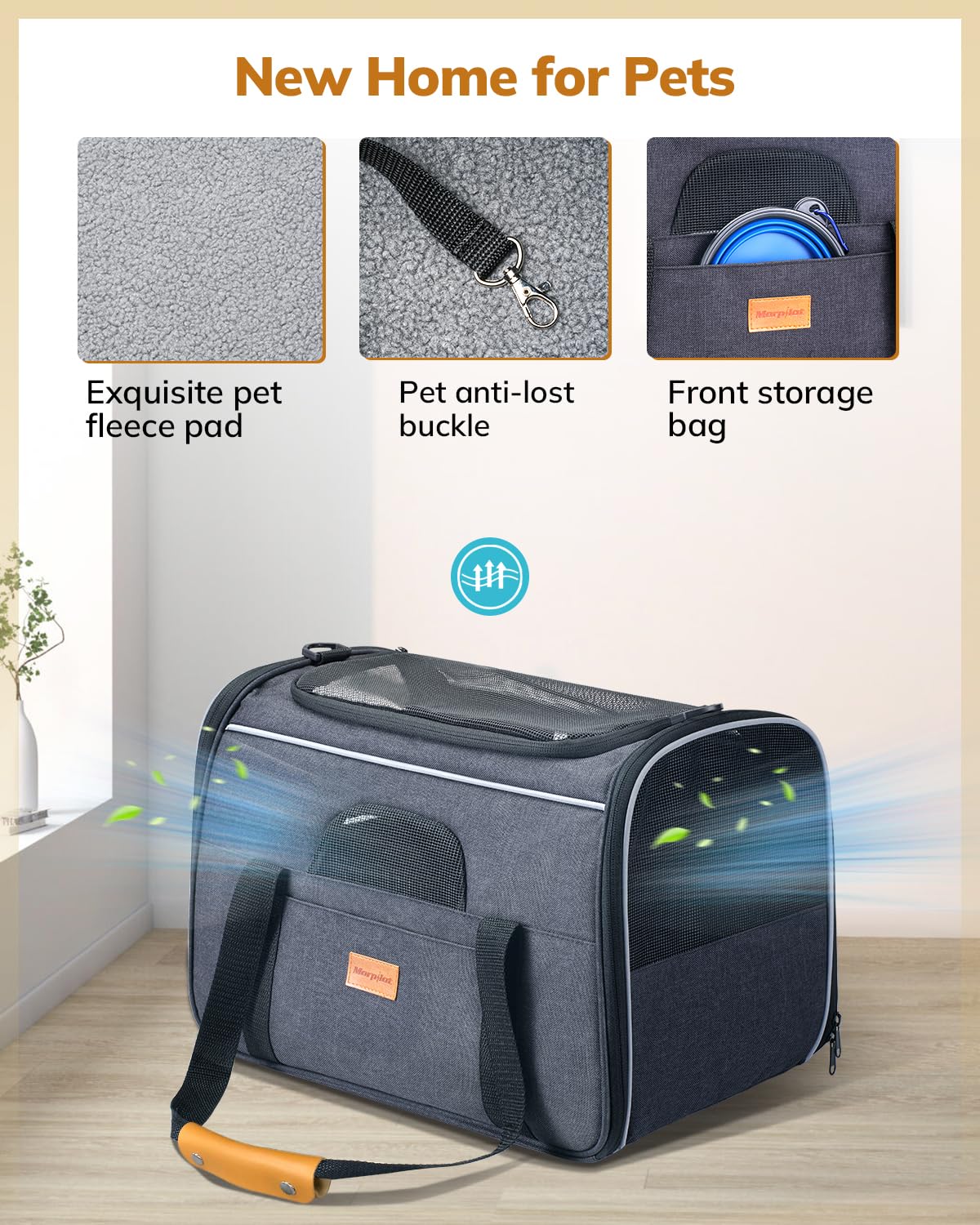 Morpilot Portable Pet Carrier Bag, Top Opening, Removable Mat and Breathable Mesh, Foldable Transport Carrier for Dogs and Cats, with Shoulder Strap and Pet Bowl