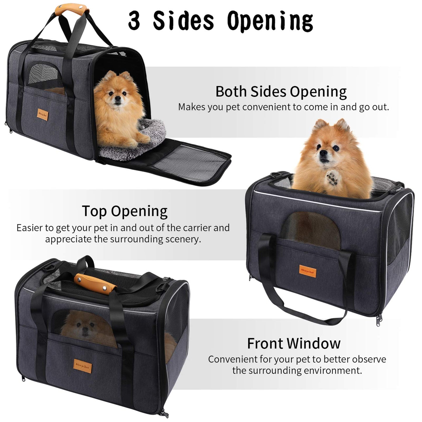 Morpilot Portable Pet Carrier Bag, Top Opening, Removable Mat and Breathable Mesh, Foldable Transport Carrier for Dogs and Cats, with Shoulder Strap and Pet Bowl