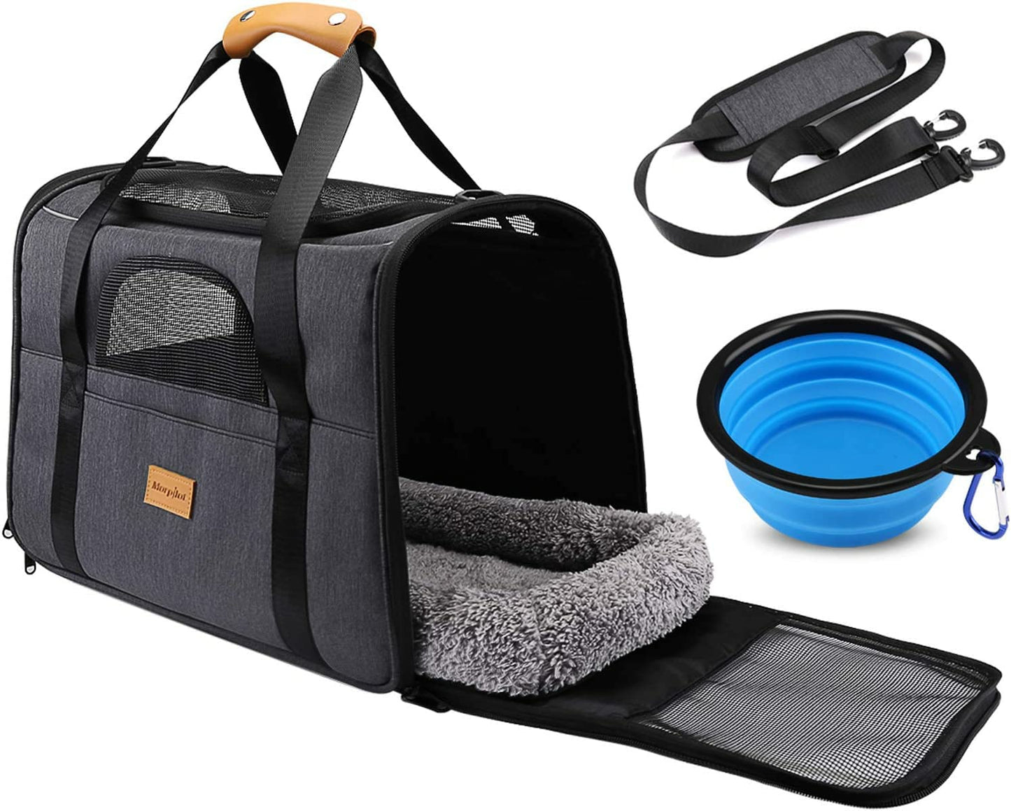 Morpilot Portable Pet Carrier Bag, Top Opening, Removable Mat and Breathable Mesh, Foldable Transport Carrier for Dogs and Cats, with Shoulder Strap and Pet Bowl