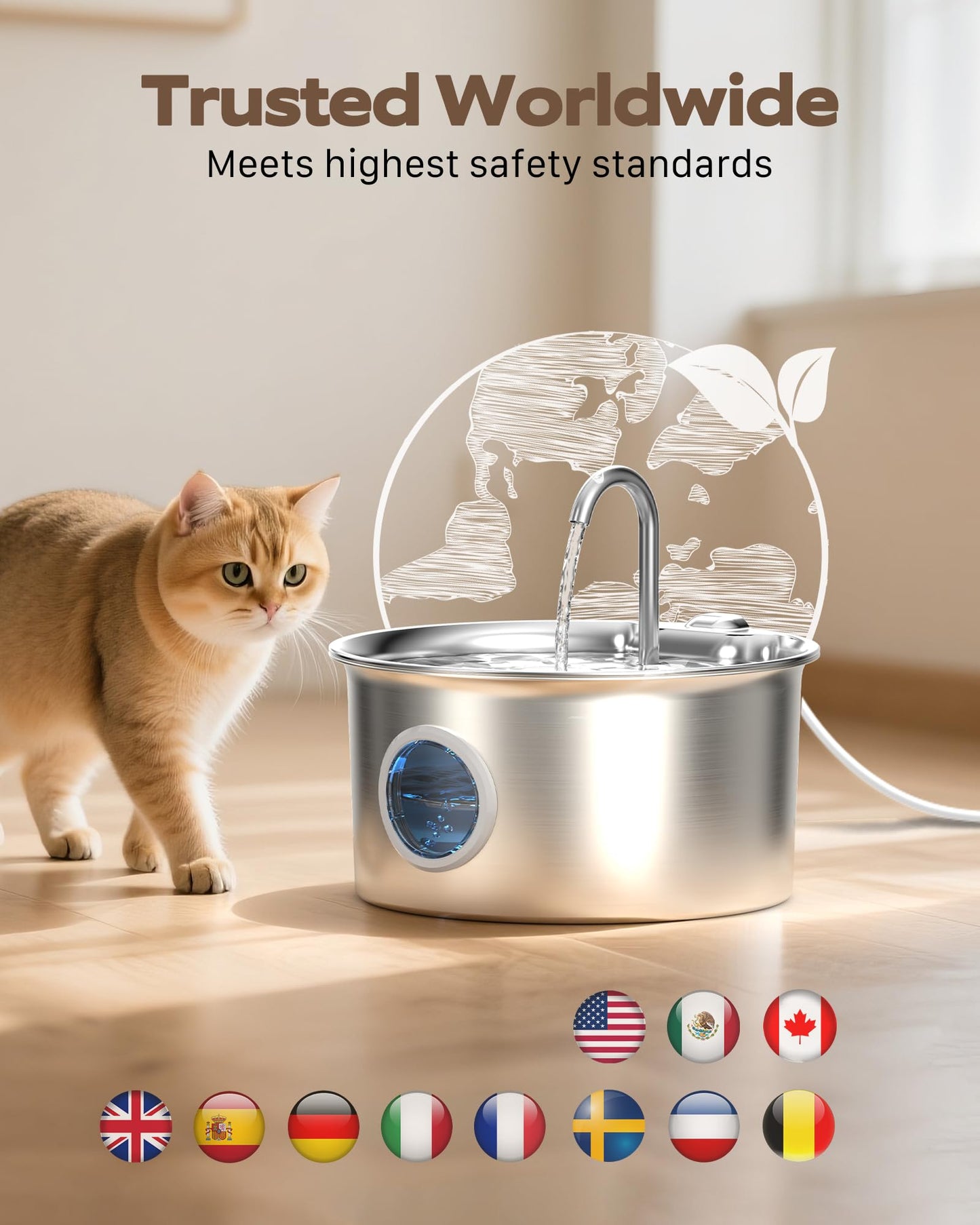 Cat Water Fountain for Drinking: Stainless Steel Cat Fountain - 2.6L Water Fountains Cats Bowl automatic - Silent Pet Water Fountain Indoor - Pet Drinking Fountain with Visible Water Level Window