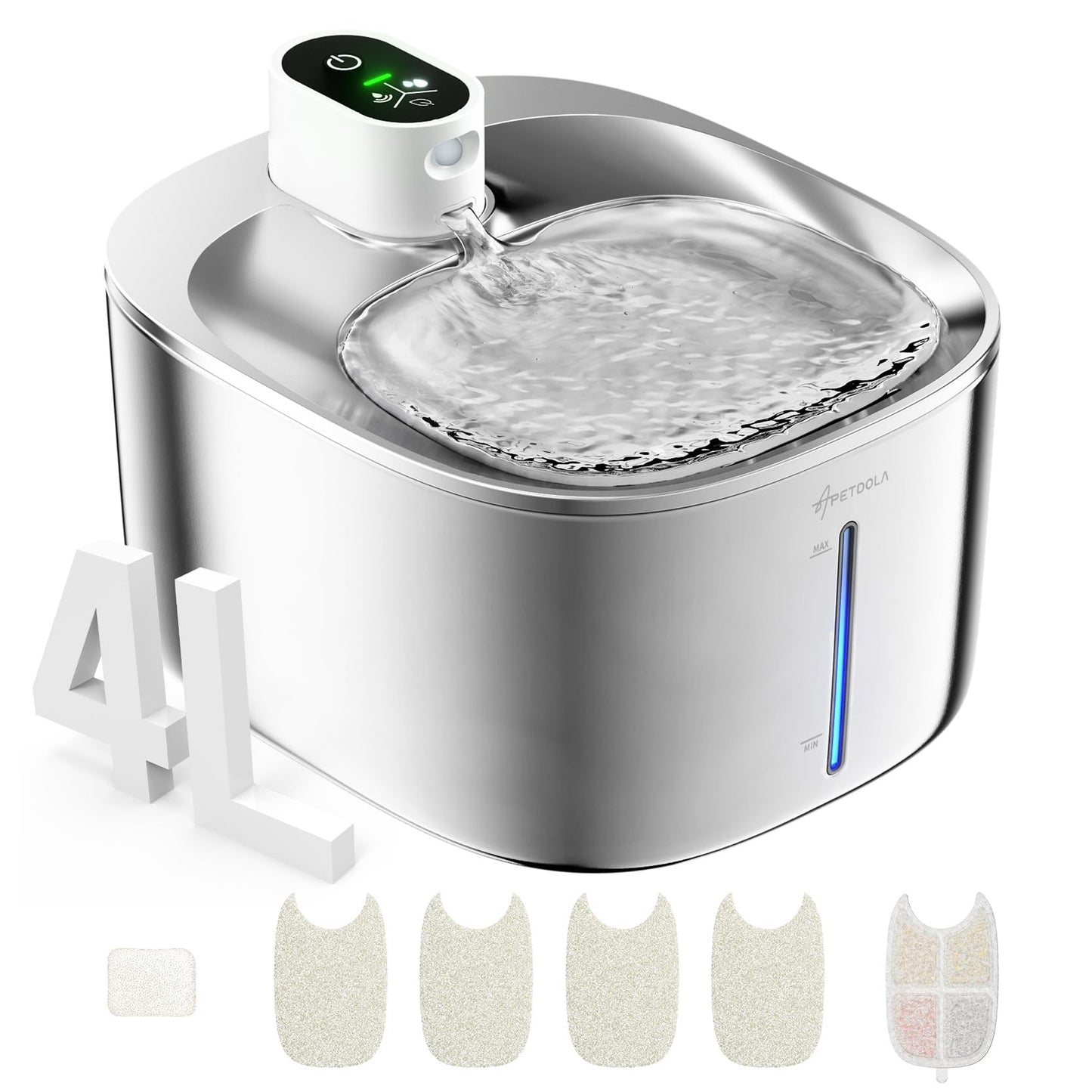 APETDOLA Stainless Steel Cat Water Fountain, 135 fl oz/4L Wireless Cat Fountain for Drinking, Automatic Water Fountain Cats Bowl for Pets and Dogs (white, 1 filter)