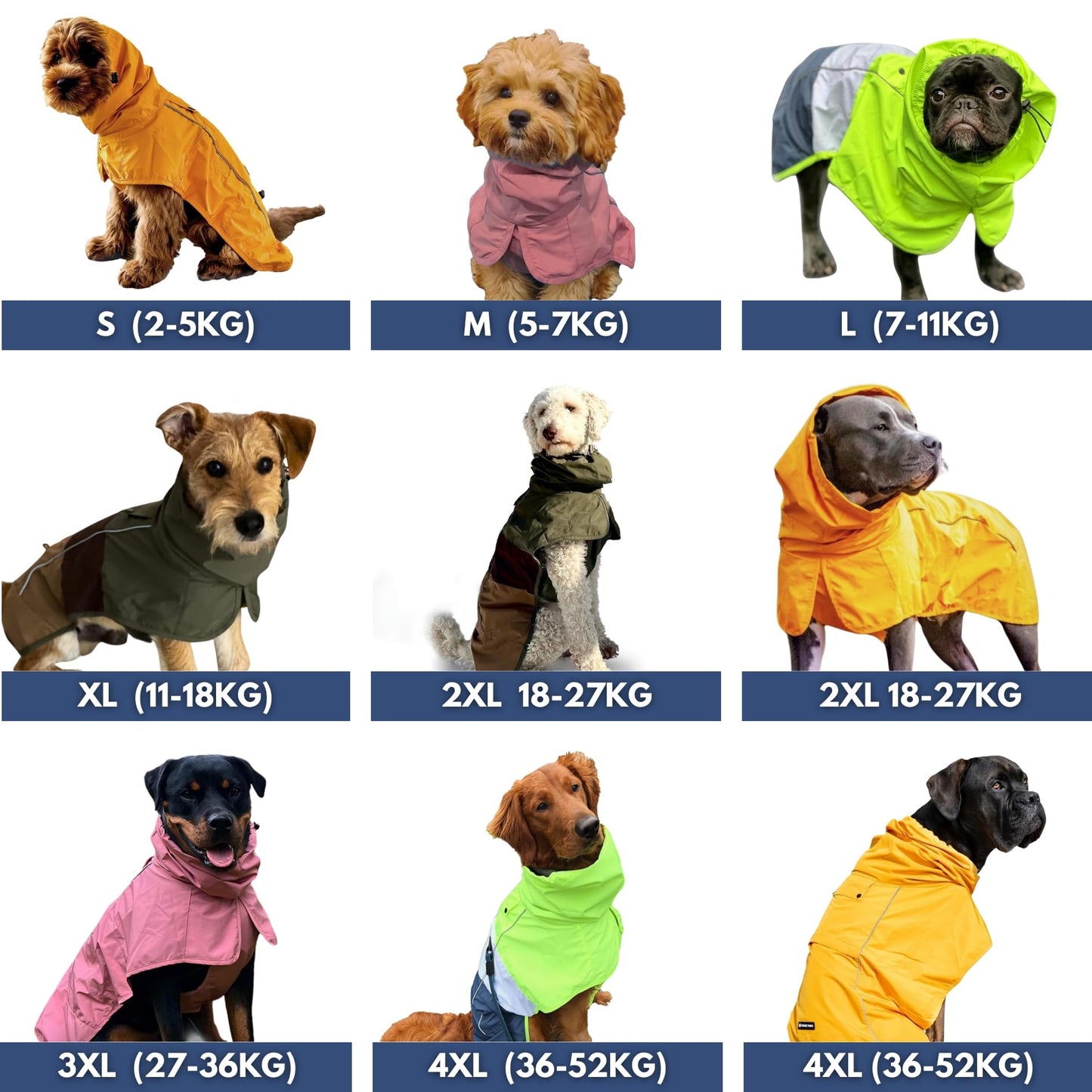 Spark Paws Dog Raincoat, Waterproof Windproof Rain Jacket, For Small Medium Large Extra Large Dogs, Reflective Breathable Full-body Coverage Dry Suit - Neon White Navy Blue, 2XL
