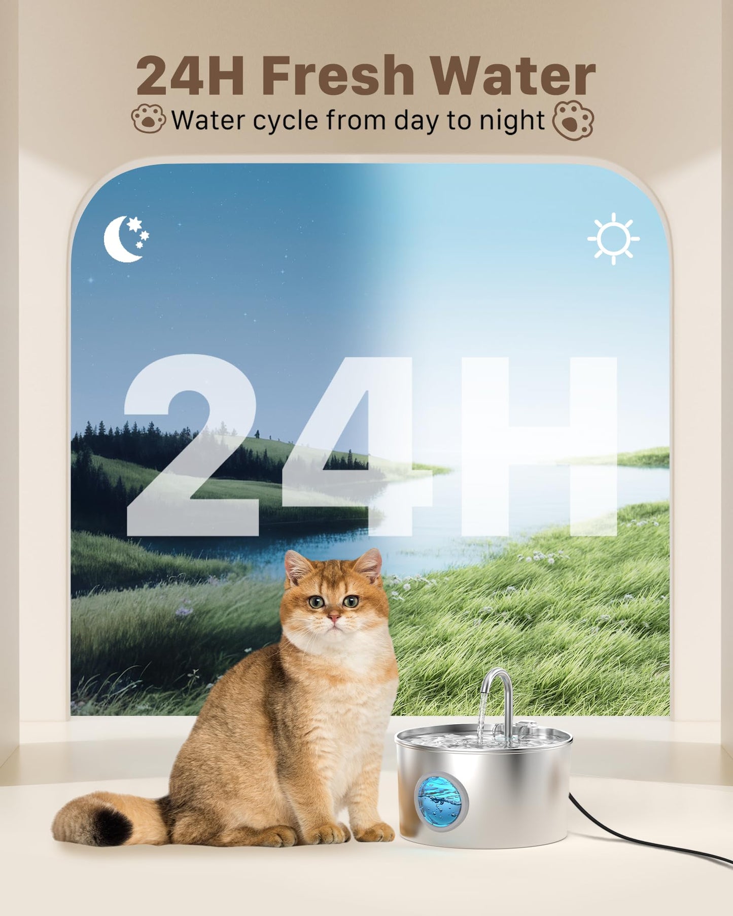 Cat Water Fountain for Drinking: Stainless Steel Cat Fountain - 2.2L Water Fountain Cat Bowl - Pet Water Fountain - Cat Drinking Fountain - Visible Water Level Cat Water Dispensers - GIOTOHUN