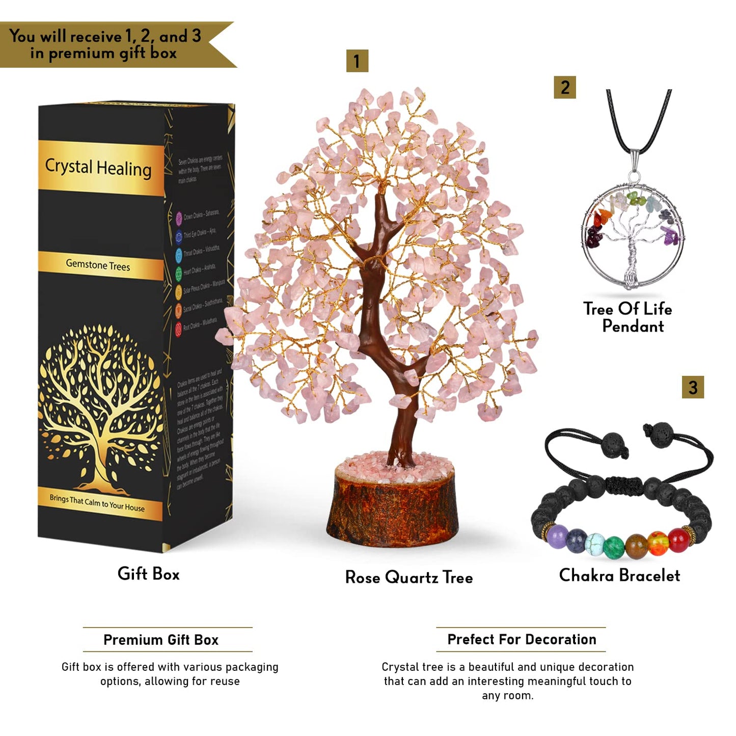 NARIBABU Rose Quartz Crystal Tree - Pink Tree - Gemstone Bonsai Tree - Desk Decorations For Women Office - Witchy Gifts For Women - Gem Tree Crystals - Crystal Quartz Tree
