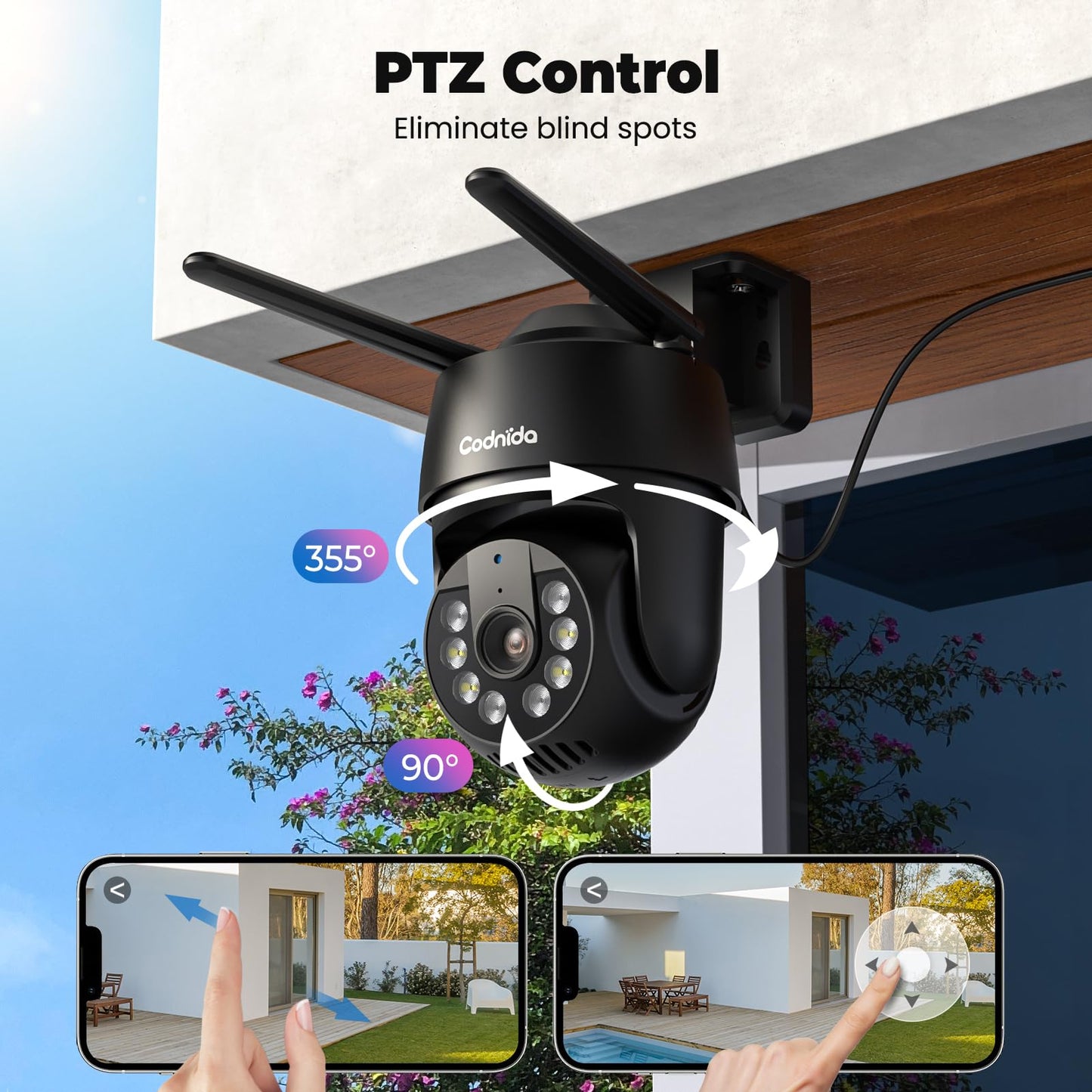Codnida 2K Security Camera Outdoor, 360° PTZ WiFi Camera, CCTV Camera with 24/7 Recording, PIR Human Detection, Sound and Light Alarm, Support 16-128G SD Card, Works with Alexa