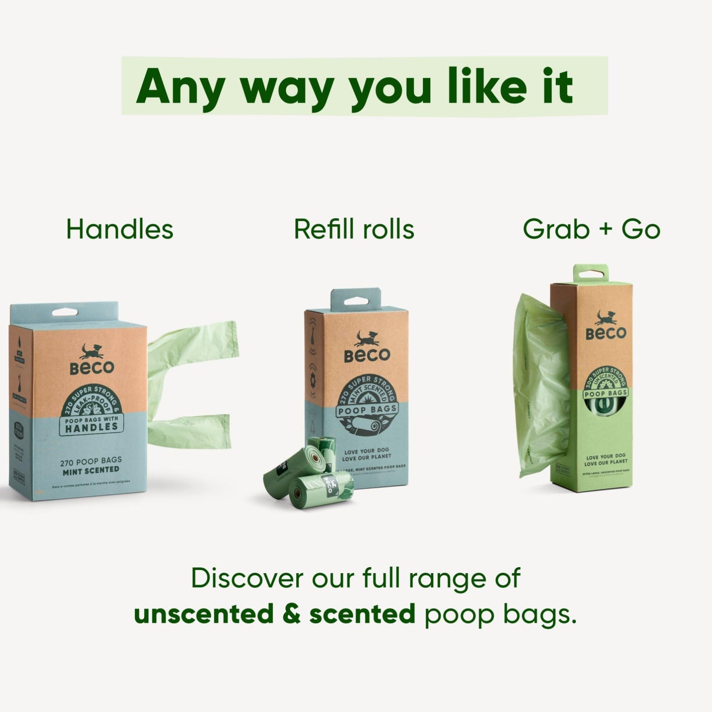 Beco Dog Poop Bags Rolls - Strong & Large - Scented and Unscented Dispenser Compatible for Dog Waste