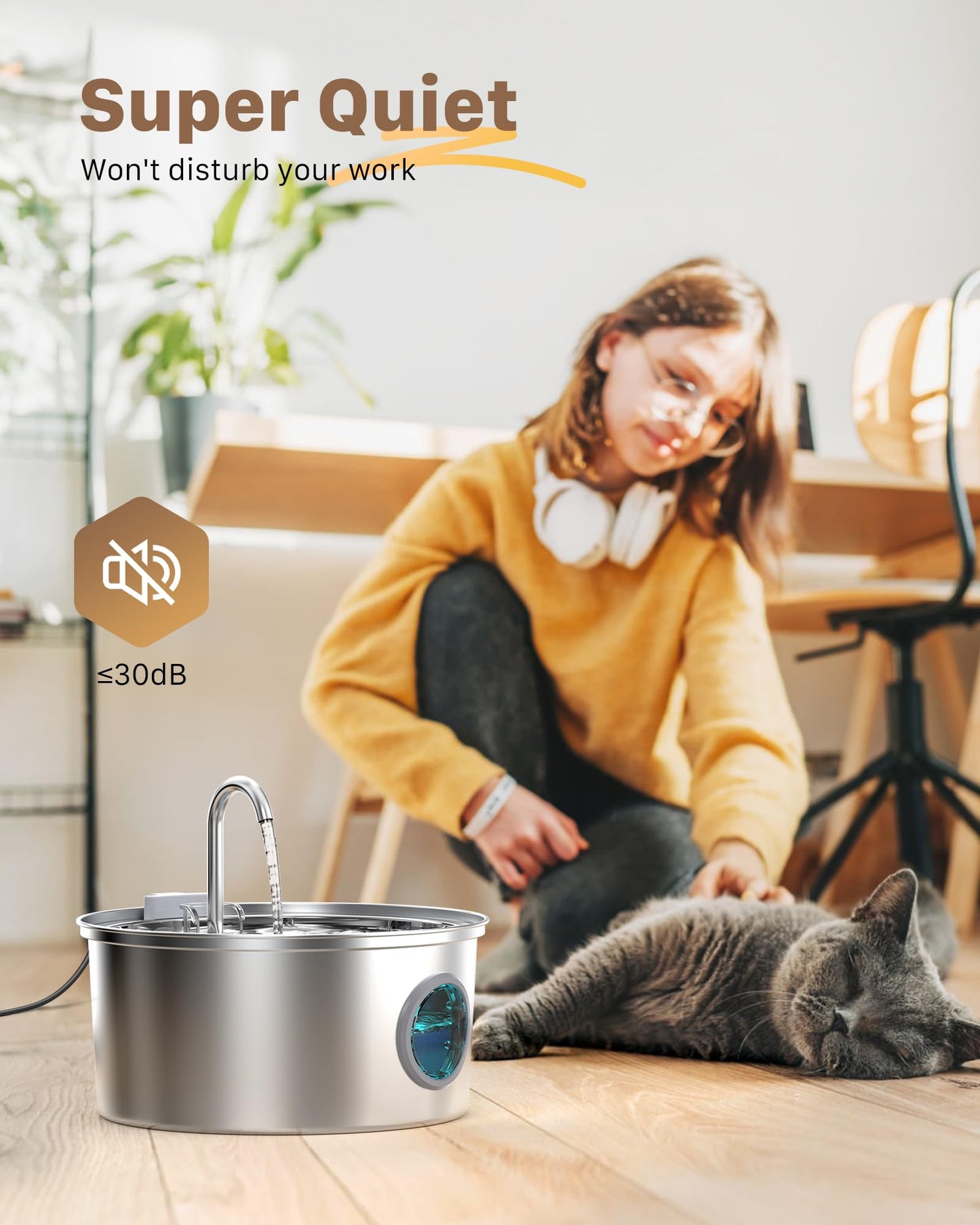 Cat Water Fountain for Drinking: Stainless Steel Cat Fountain - 2.2L Water Fountain Cat Bowl - Pet Water Fountain - Cat Drinking Fountain - Visible Water Level Cat Water Dispensers - GIOTOHUN