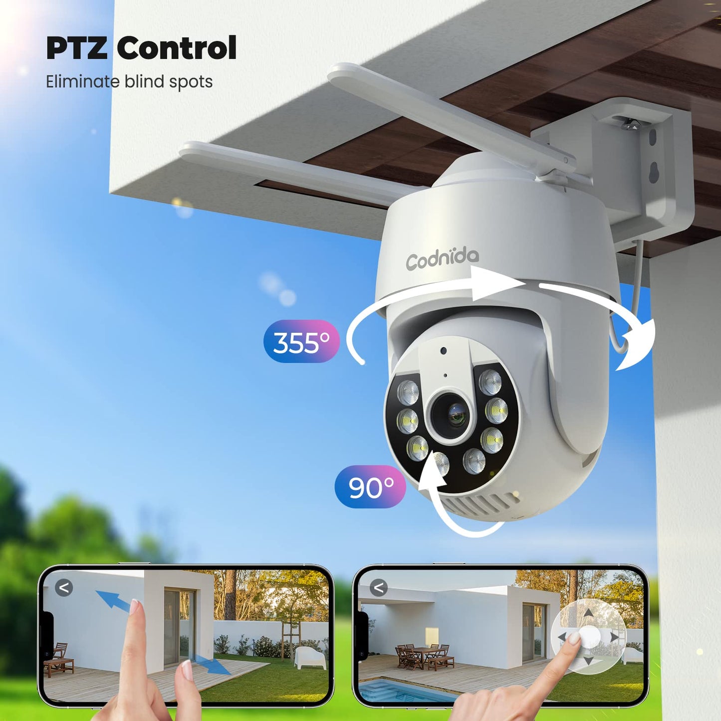 Codnida 2K Security Camera Outdoor, 360° PTZ WiFi Camera, CCTV Camera with 24/7 Recording, PIR Human Detection, Sound and Light Alarm, Support 16-128G SD Card, Works with Alexa